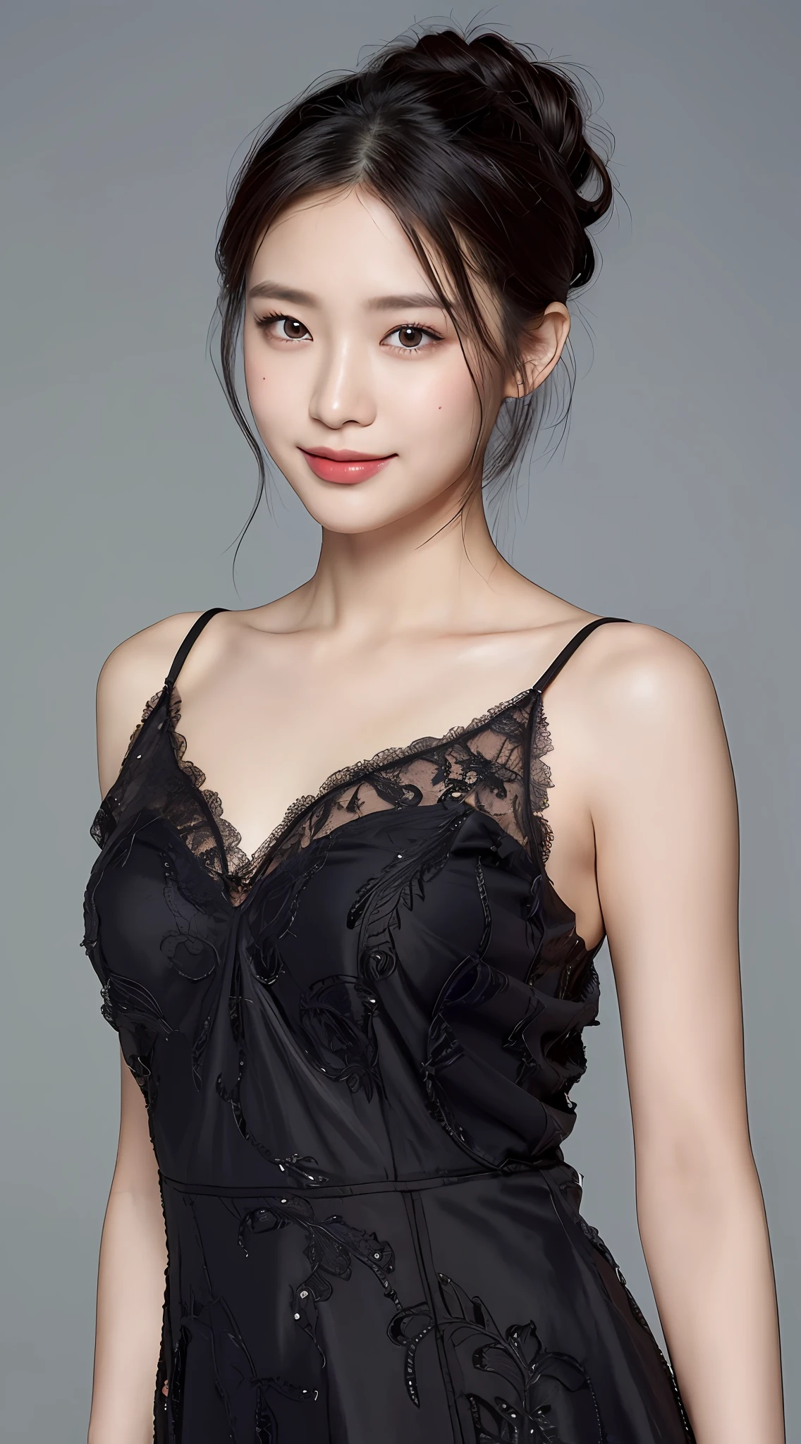 (Best quality, 8K, masterpiece:1.3)) , (one person: 1.4), 1girl, a Korean woman, a goddess, 25 years old, portrait photography, high contrast, God perspective, aperture F1.2, focal length 24mm, ( Full body: 1.2), smile, pose for photos, fine lace, slip dress, simple cut dress, brand dress, simple cut, long black hair, hair tied up, super detailed skin details, detailed fabric texture, hard raining