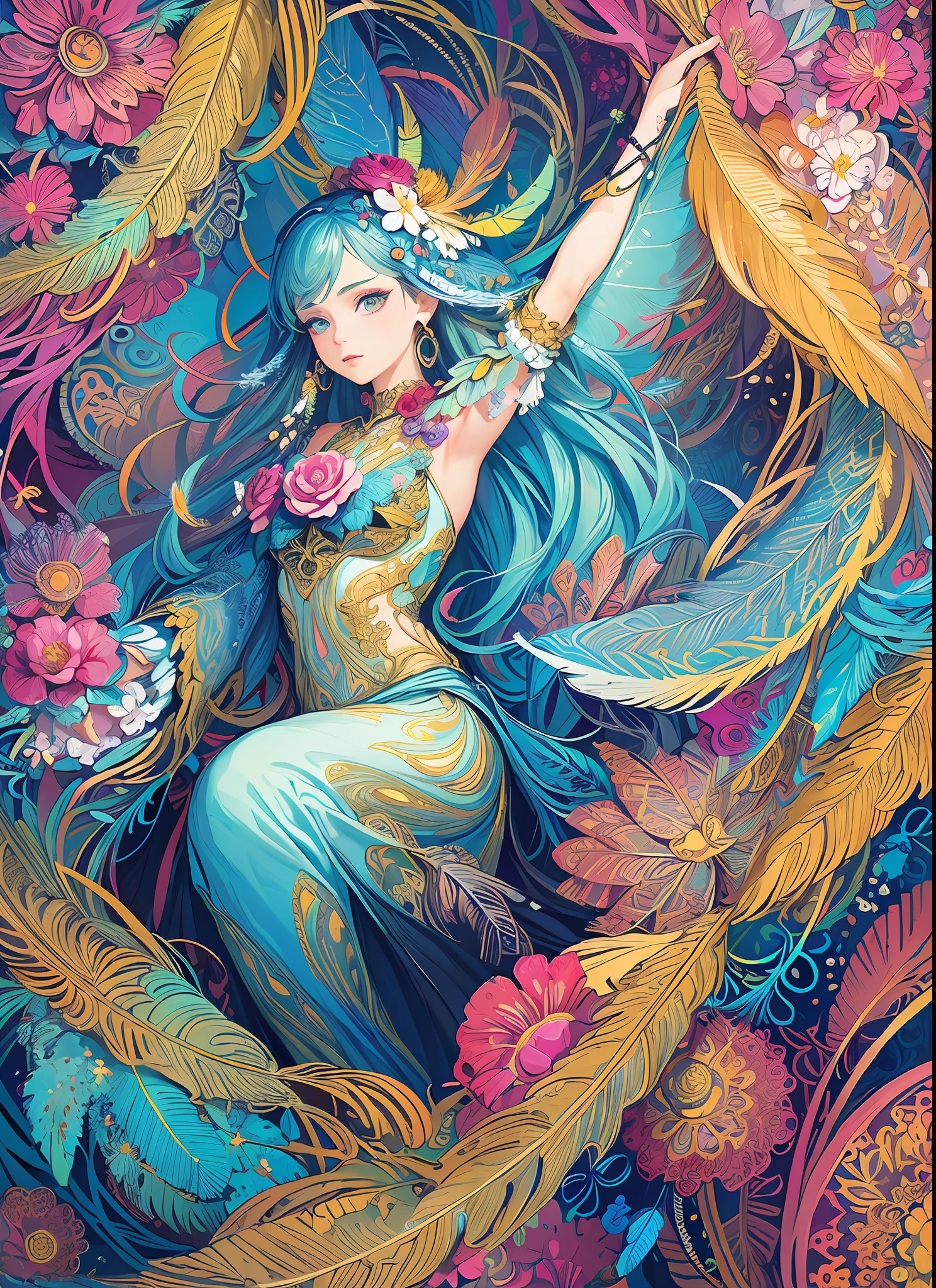 (masterpiece, top quality, best quality, official art, beautiful and aesthetic:1.2), (1girl:1.3), extremely detailed,(fractal art:1.1),(colorful:1.1)(flowers:1.3),highest detailed,(zentangle:1.2), (dynamic pose), (abstract background:1.3), (many colors:1.4), ,(earrings), (feathers:1.5)
