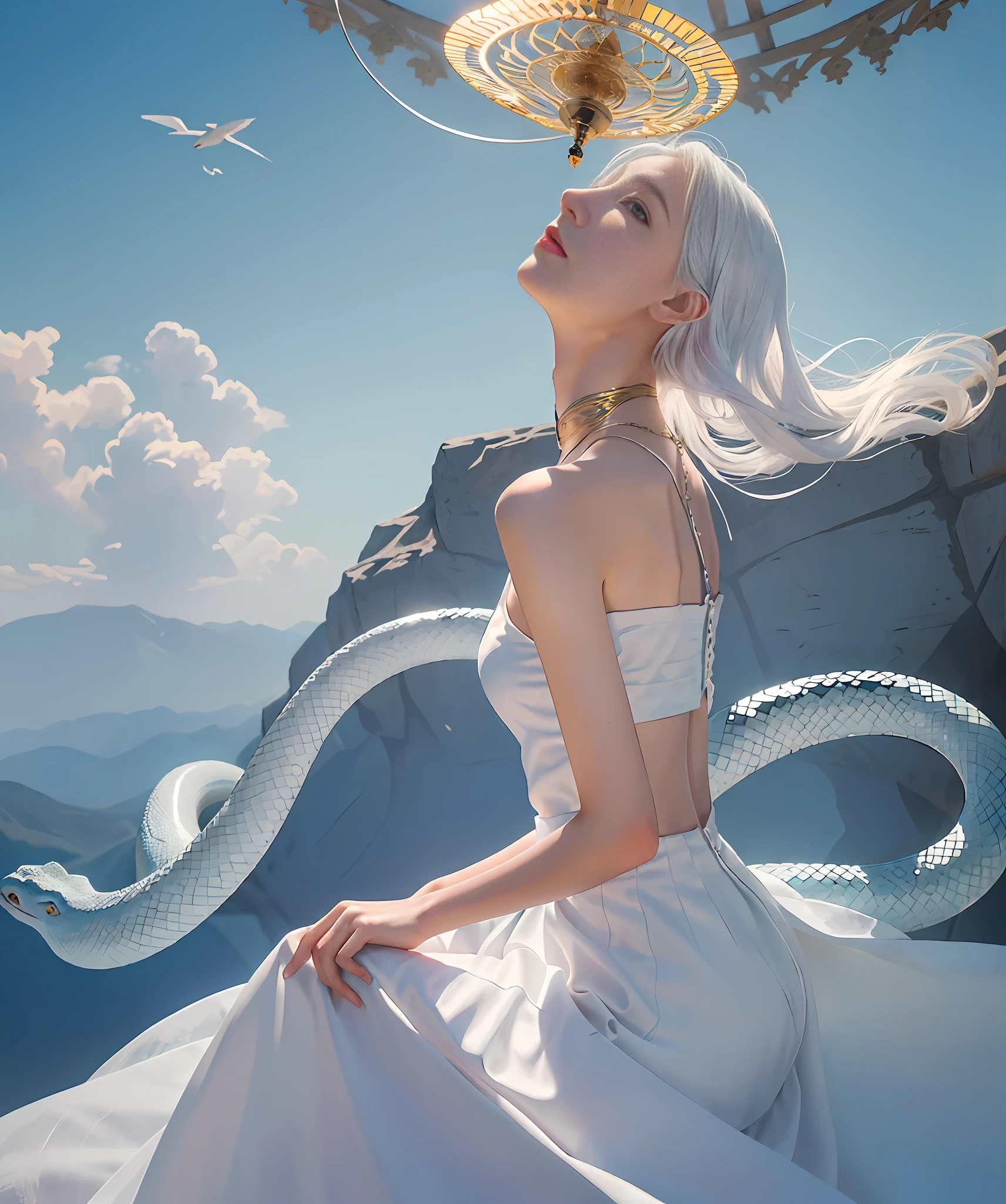 A painting of a woman holding a colored divine stone and divine fire, looking up at the sky, and the sky is just below her tail Snake woman mixed, mythical colors, Morebach, Peter Molbach's style, Peter Molbach's style, Peter Molbach's style of art 2 0, Art style in Morebach, Peter Molbach style, snake woman in white gauze dress, In Peter Molbach's style, The Serpent Queen has no legs, Peter Molbach and artistic reproduction, looking up at the sky, depth of field fairy under fan, white hair, white gauze skirt, fairy under fan, sky collapse, Divine Light Protector