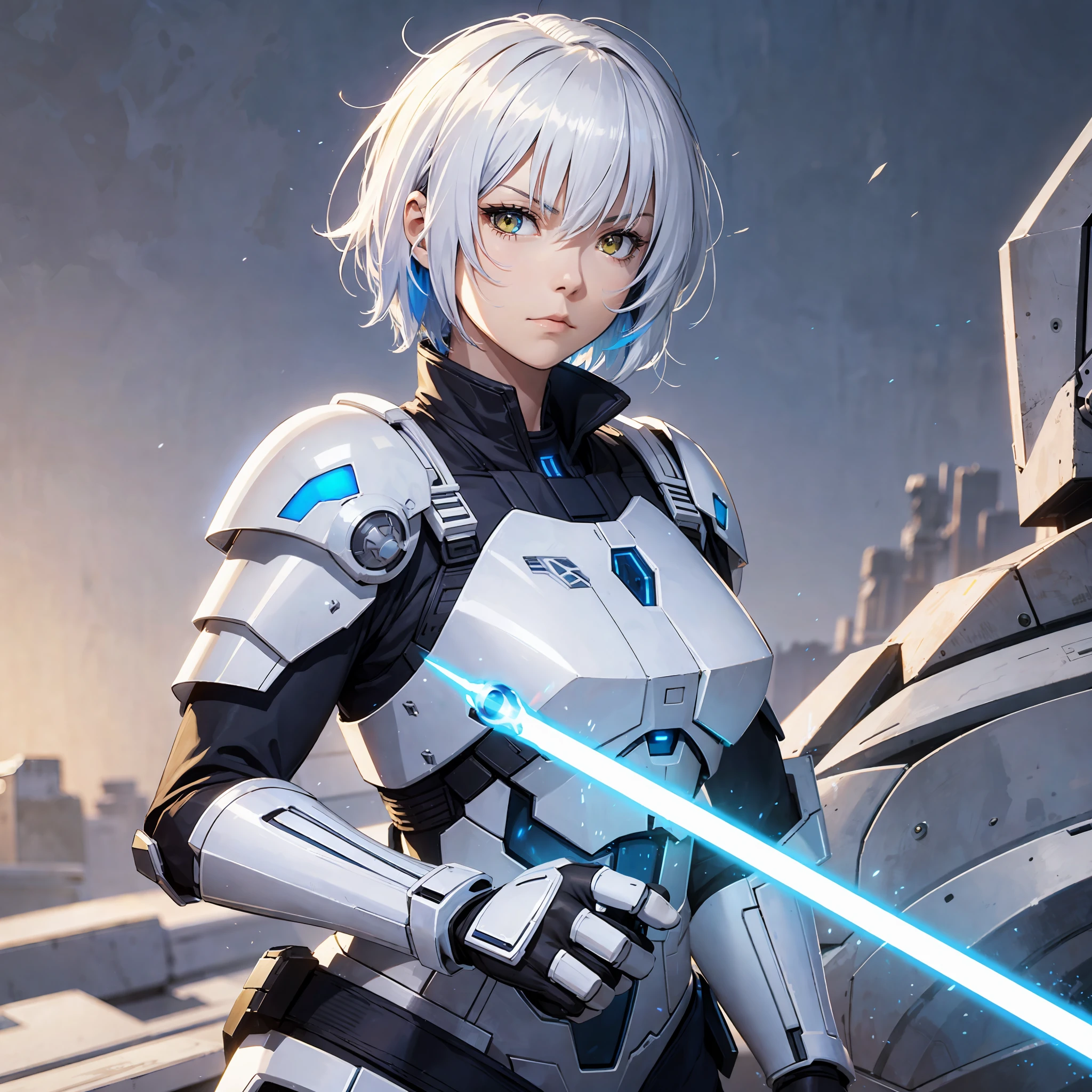 Blue lightsaber in hand, short hair, serious face, combat attire, white hair, yellow eyes, white armor, android, human appearance, adult woman --auto --s2
