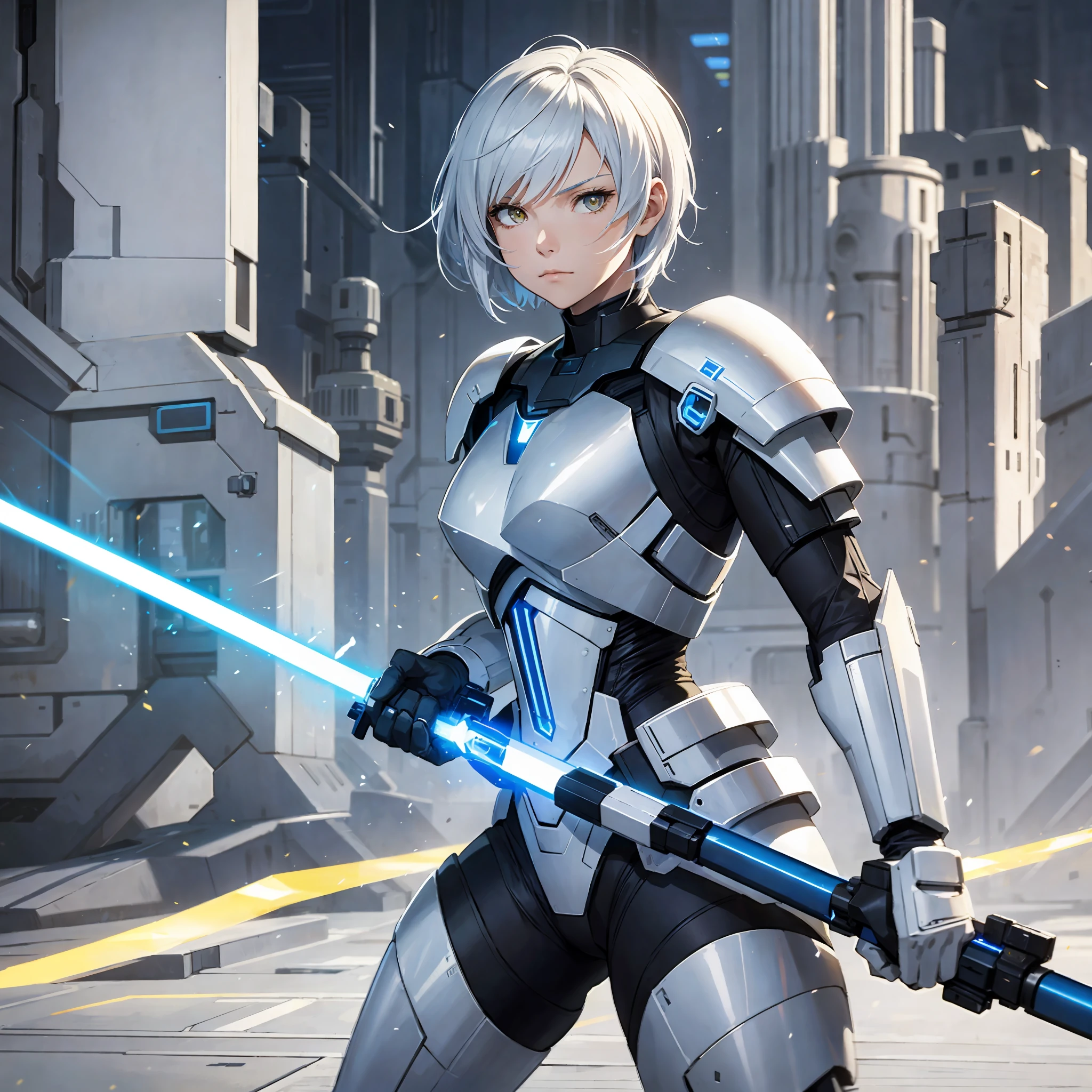 Blue lightsaber in hand, short hair, serious face, combat attire, white hair, yellow eyes, white armor, android, human appearance, adult woman --auto --s2