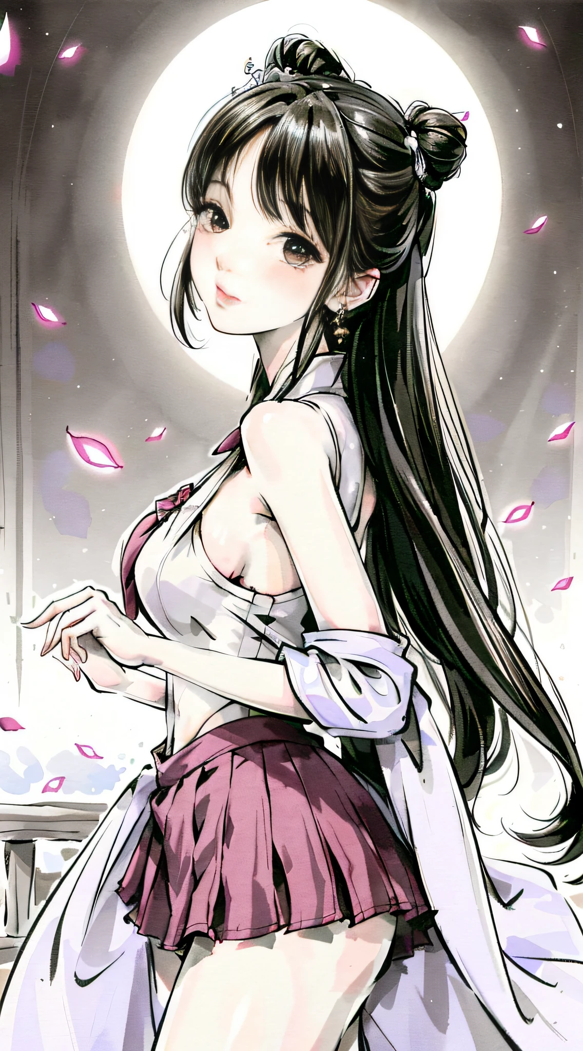 (masterpiece), best quality, good anatomy, shuimobysim, (1 girl: 1), (upper body), (smile), short hair: 1.2, (hanfu), long coat, (ecchi0.5), (bridge: 1.2), (flowers: 0.6), moon, lantern in ancient China, delicate face, see-through, pink clothes, full body, close-up, back hand, robe, thigh, high up, cloudy, chinadre, overexposed, [wet suit: 1.2], mid-breast, solo, [doll], bare thighs, credibly_absurdres, strong angles, pleated skirt, chinoiserie architecture, single bun, white hair, red eyes, squinted eyes, indifferent attitude, eye shadow, eyeliner, eyes visible through hair, no shoes, ribbon sleeves, earrings, necklaces, tiara, mid-chest, sunlight, reflected light, ray tracing, loli, phoenix crown vermilion robe, blush