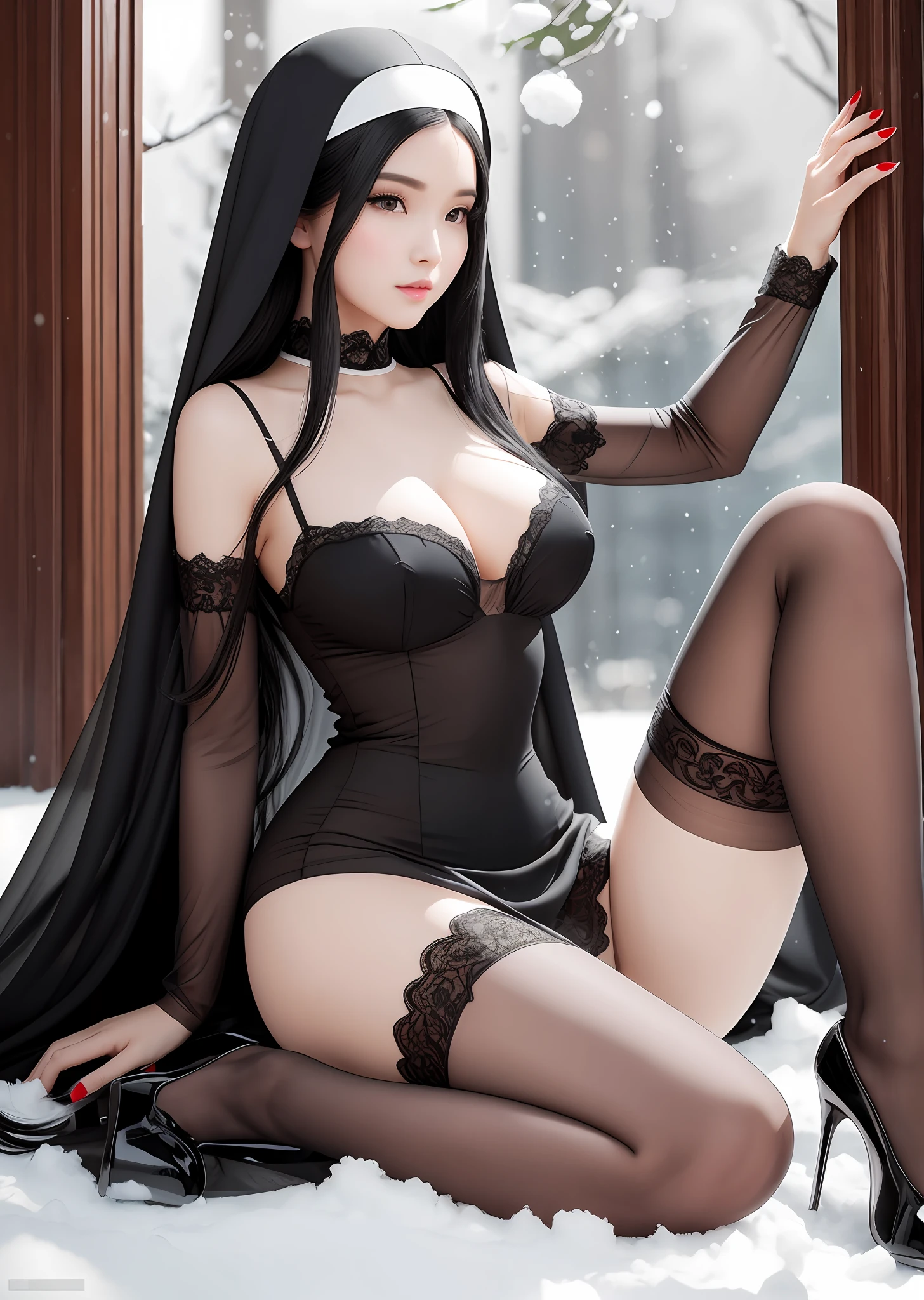 Long black hair, beautiful face, snow-white skin, transparent nun dress, black stockings, black low heels, B cups --auto --s2