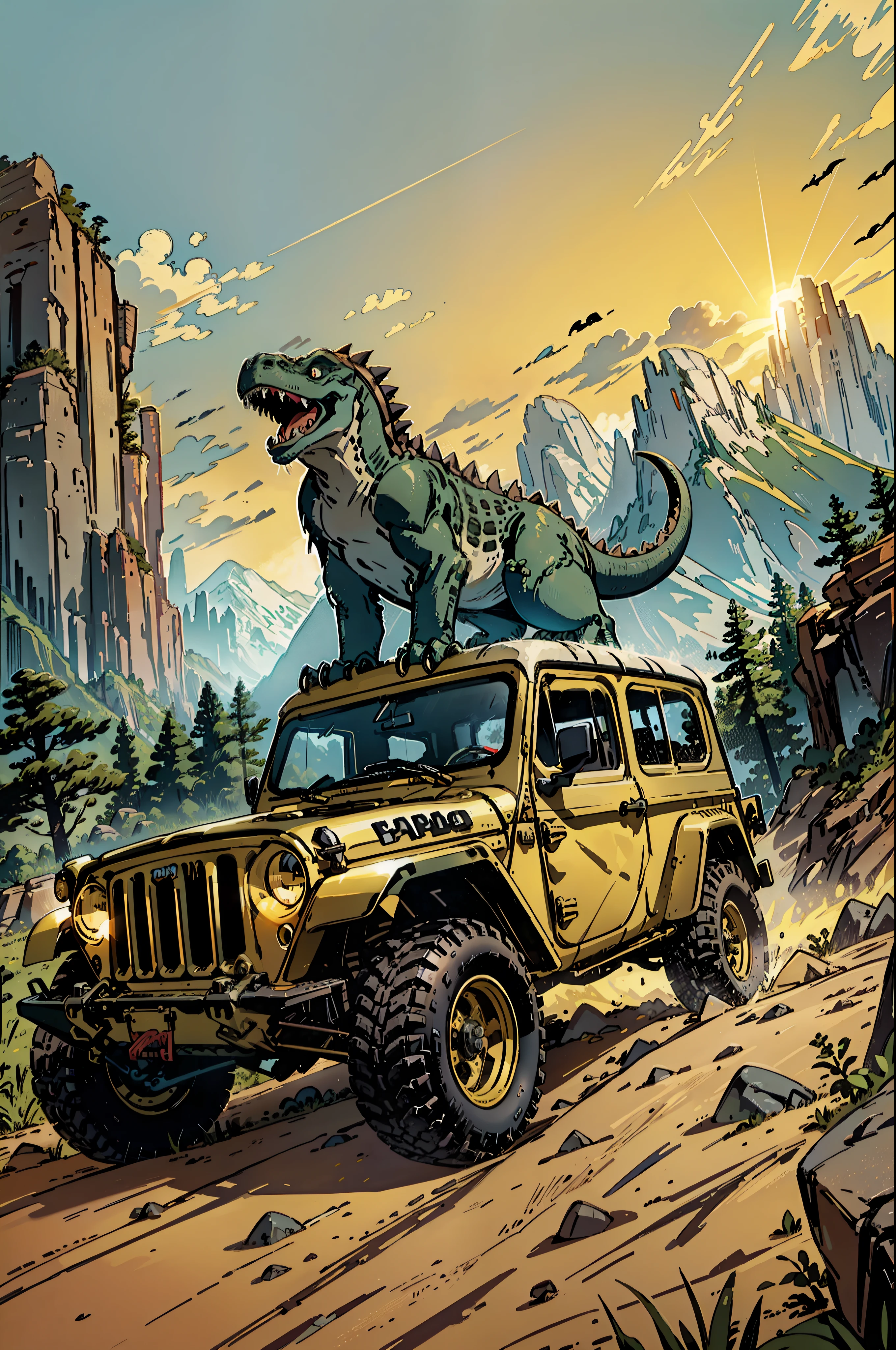 A dinosaur biting a jeep willys with its teeth and on a rock of a mountain, wide view, golden hour, masterpiece, proportional, award-winning, best quality.