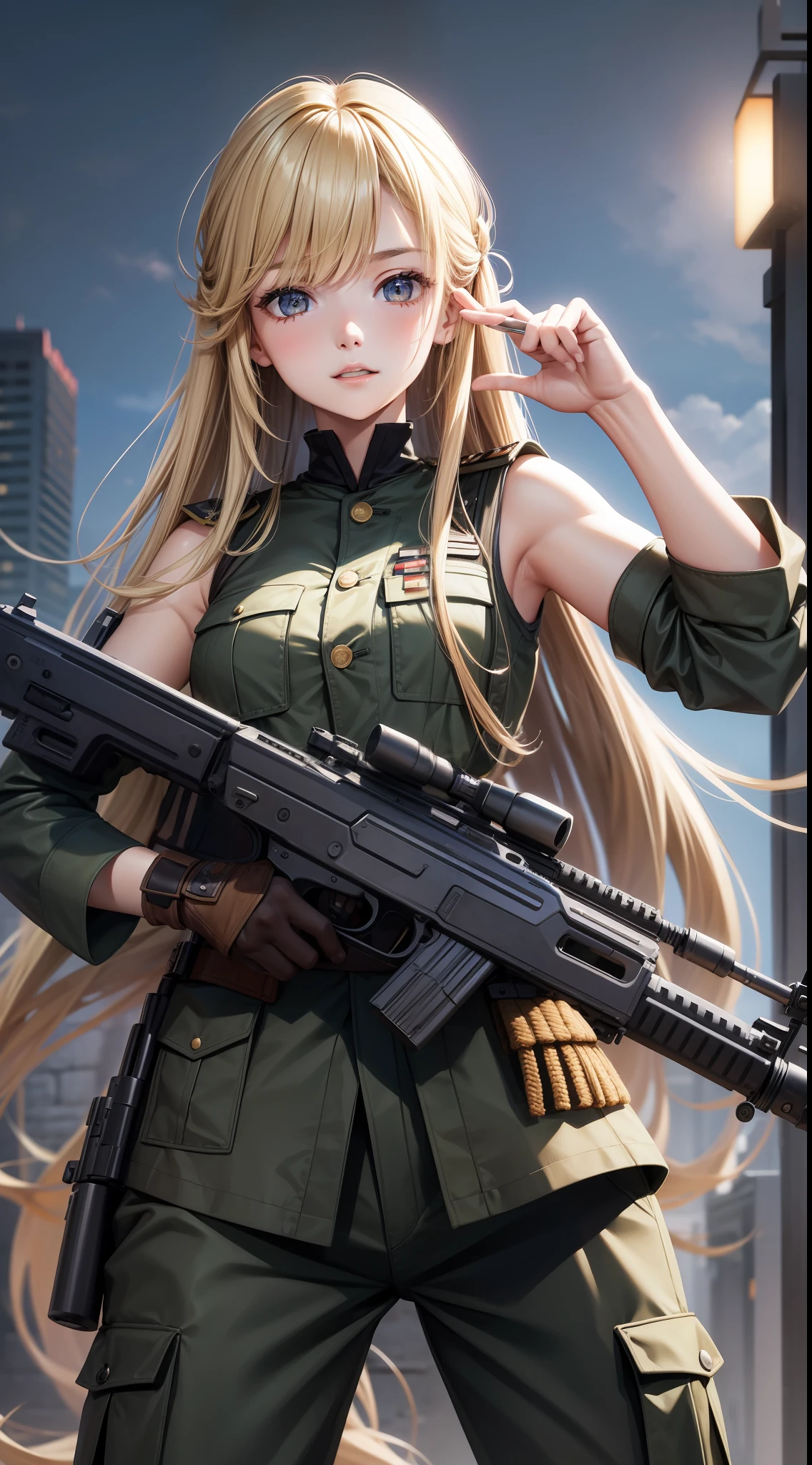 Young girl, long lush blonde hair, brown eyes, soldier's uniform, sleeveless, pants, gun, funny look, masterpiece, high quality