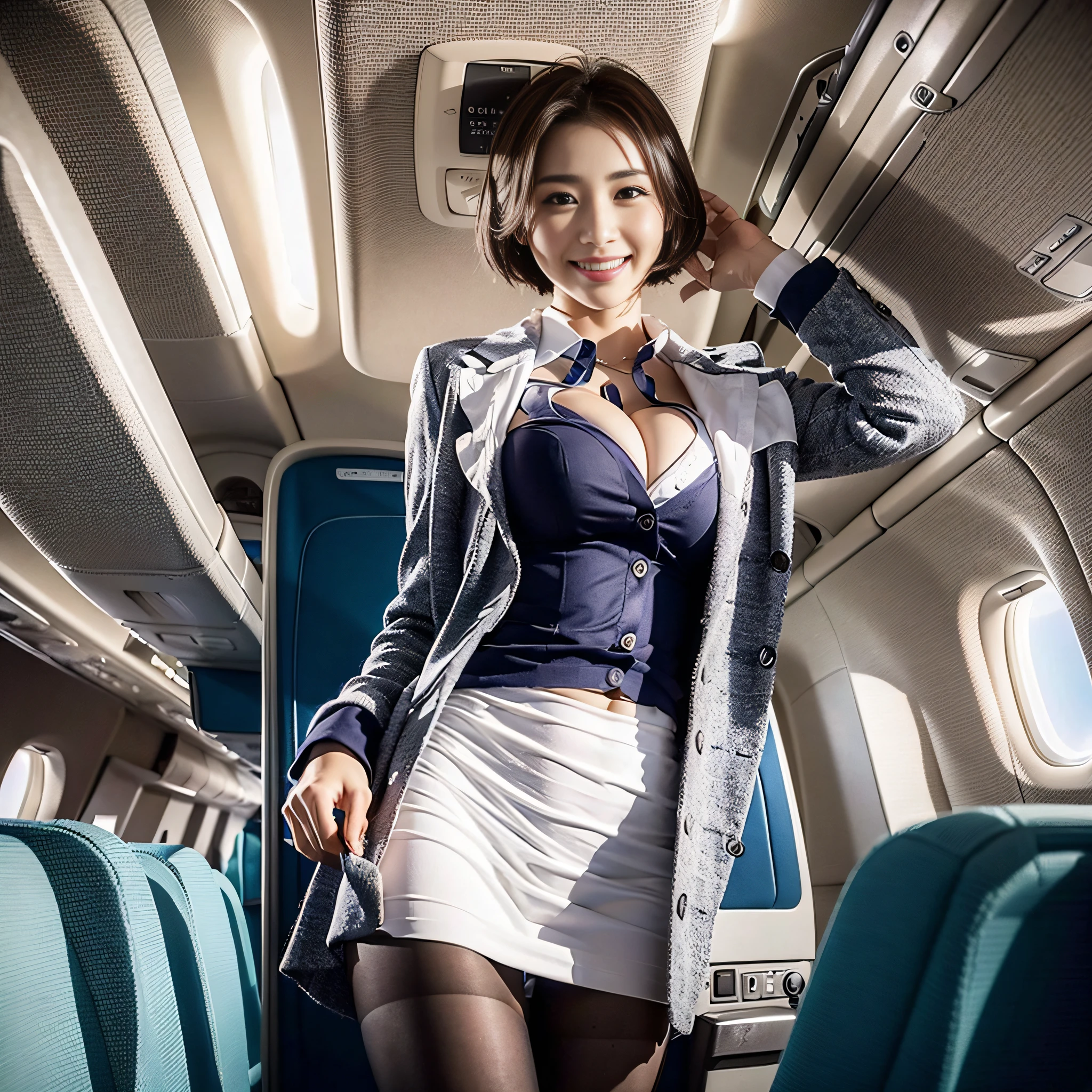 ((top quality, 8k, masterpiece: 1.3)), pretty woman with perfect figure: 1.4, (big breasts: 1.2), highly detailed face and skin texture, detailed eyes, stewardess uniform, (posing in the interior of the plane: 1.2), 1girl, cinematic, full body, goddess of Japan, short hair, smile, passenger, interior of the plane