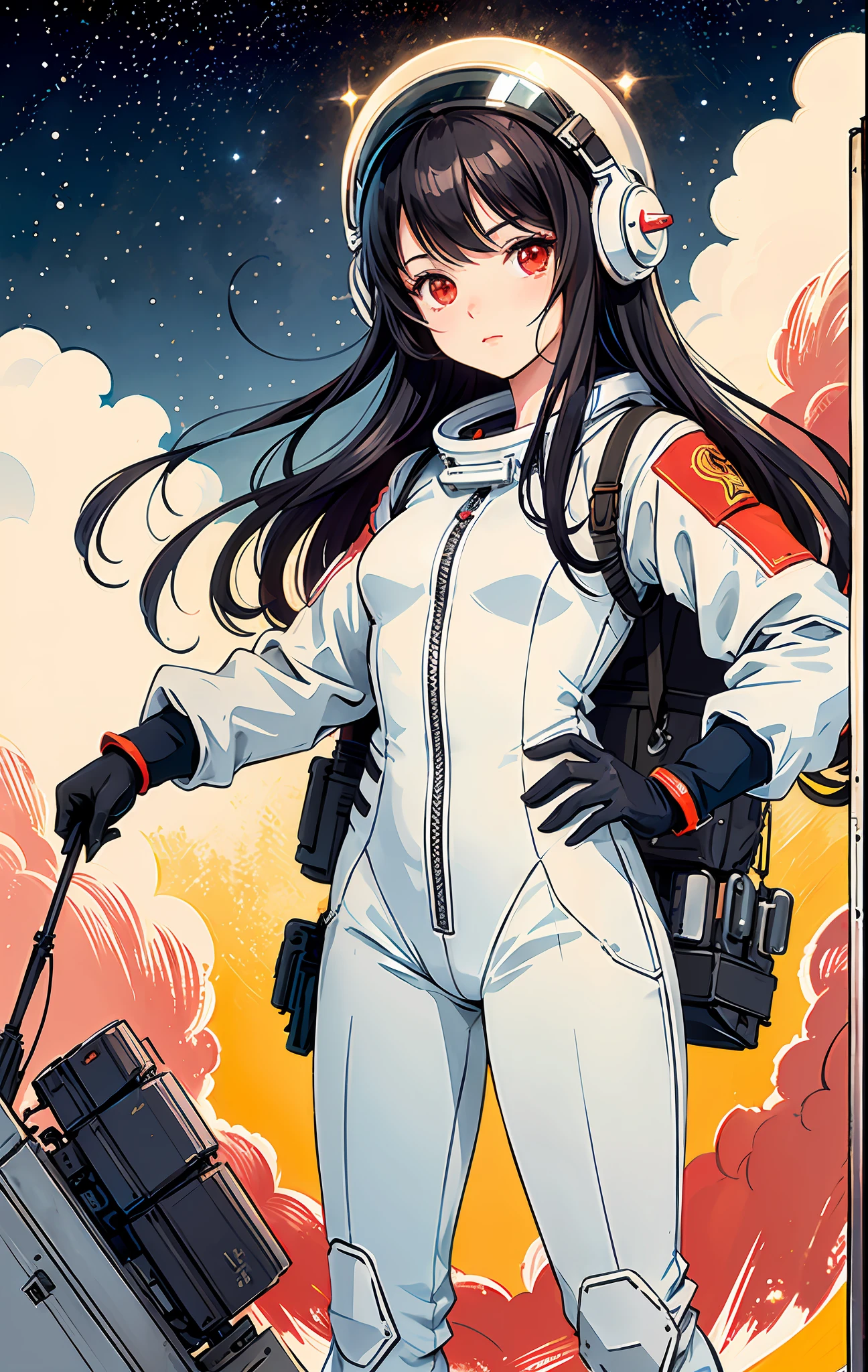 1girl, flat chested, cute, beautiful detailed eyes, shiny hair, visible through the hair, hair between the eyes, CCCPposter, sovietposter, red monochrome, Soviet poster, USSR, communism, black hair, red eyes, vampire ,girl,small breasts,spacesuit:Orange_clothing_body:jumpsuit ), white_gloves, white_space shoes, white_helmet, CCCP scarlet letters on the top of the helmet, weightlessness, Side light, reflection, the person in the spacesuit is at the bottom left of the picture, right hand outstretched, right hand Gently touch the Salyut space station), the space station in the upper right corner of the screen, the reflected light of the sun, silver metal, red flag, brilliance, Soviet style, diffuse reflection, metal texture, blue earth in the distance, mech style, star sea, high-profile, majestic