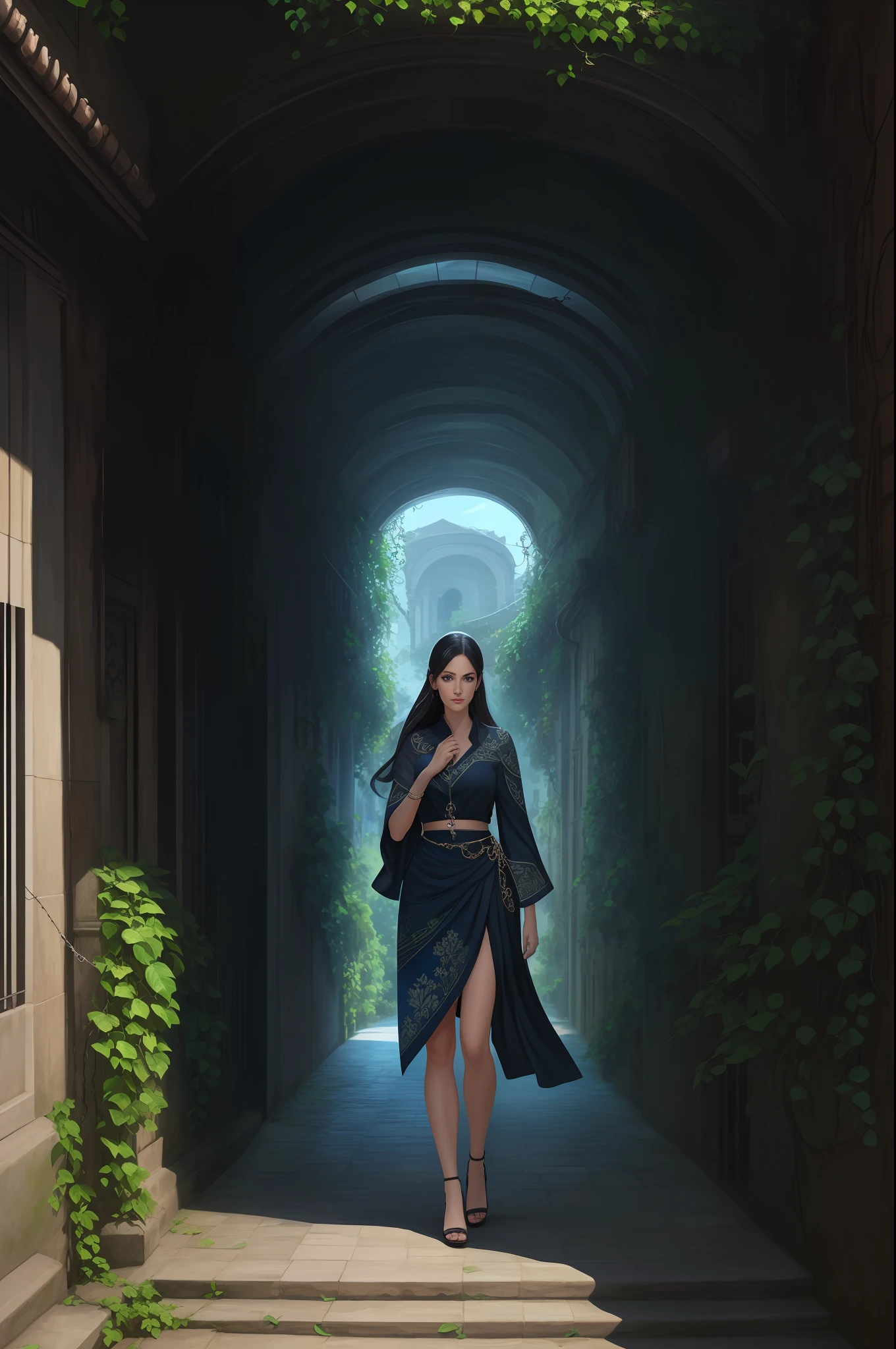 Plumeria flowers and leaves, (realistic), best quality, dynamic colors, swirls, architectural streets, a character portrait, blue eyes, vines, landscape, clear sky, black colors, chains connected to rings, digital painting, ultra high res,