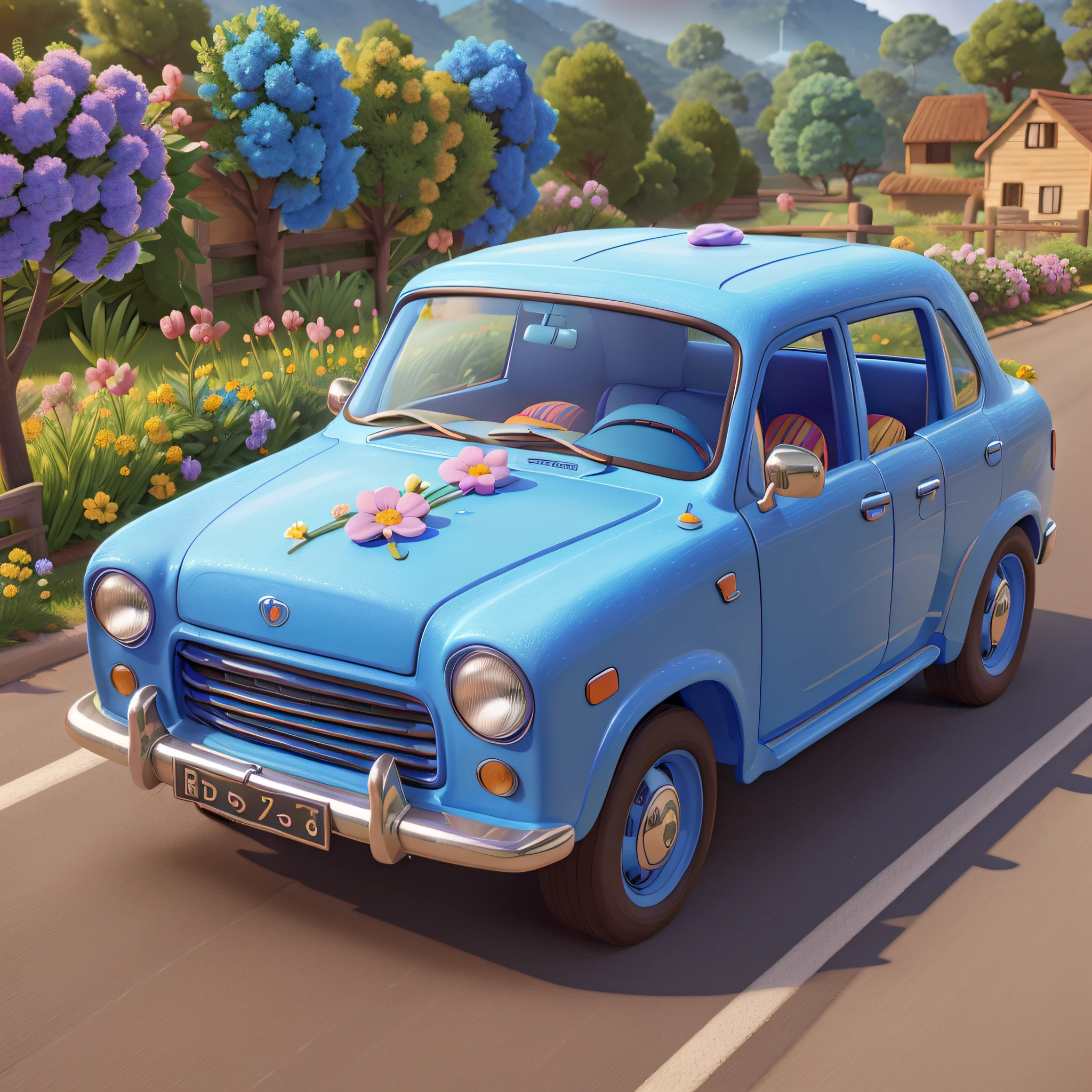 A cartoon blue car with a bunch of gifts and a cloud of flowers around, road trip, vacation, digital illustration, 2.5 D illustration, 6k, official artwork, 3d stylized scene, 2d illustration, 3d illustration, commercial illustration, 3d illustration, 8 k