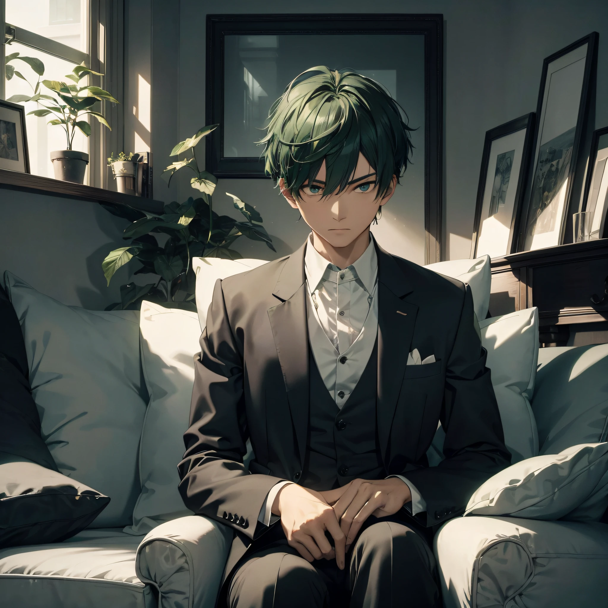 Absurd resolution, high resolution, (masterpiece: 1.4), hyperdetail, Asian, young man with short green hair, black suit, eerie room, sitting on sofa, expression nervous and scared trembling (1.5)