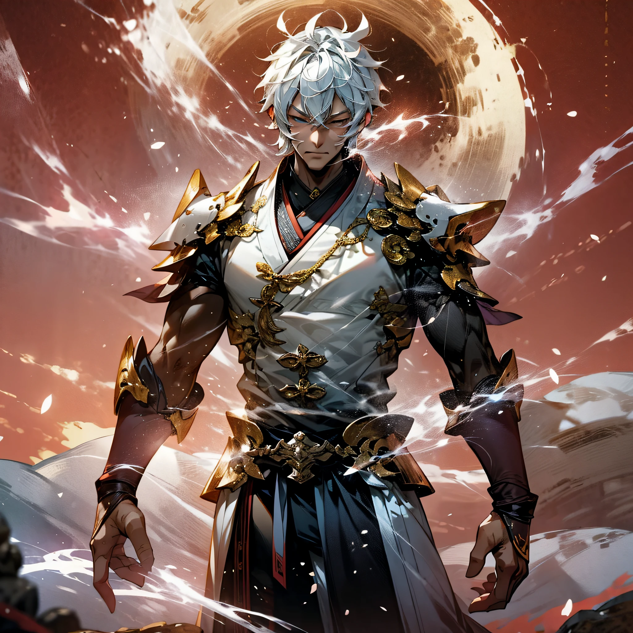 Nichimanga style, Zen ZEN, 1 man, delicate face, wearing armor, surrounded by Chinese characters, with lightning bolts on his body, a divine dragon behind his back, perfect hands, normal fingers, zen