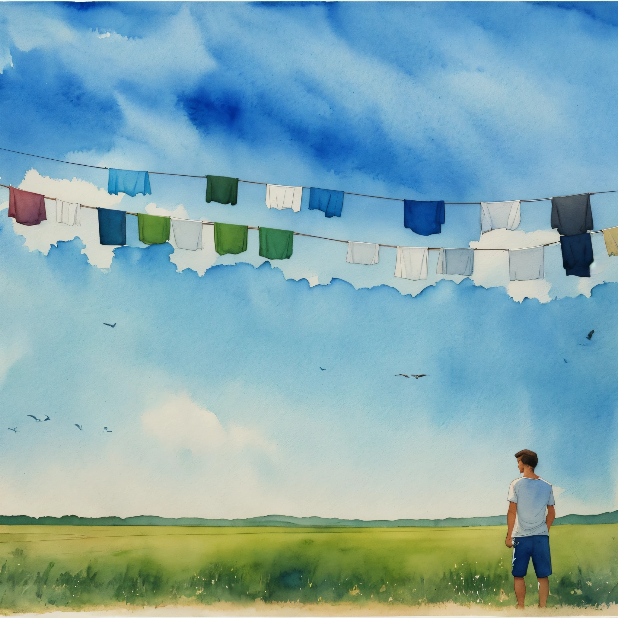 Clothesline with men's T-shirts hanging, a brunette man looking at him, a blue watercolor sky, in the background a green field, birds flying, highlight beautiful landscape, the painting is in watercolor, traces of watercolor visible --auto --s2
