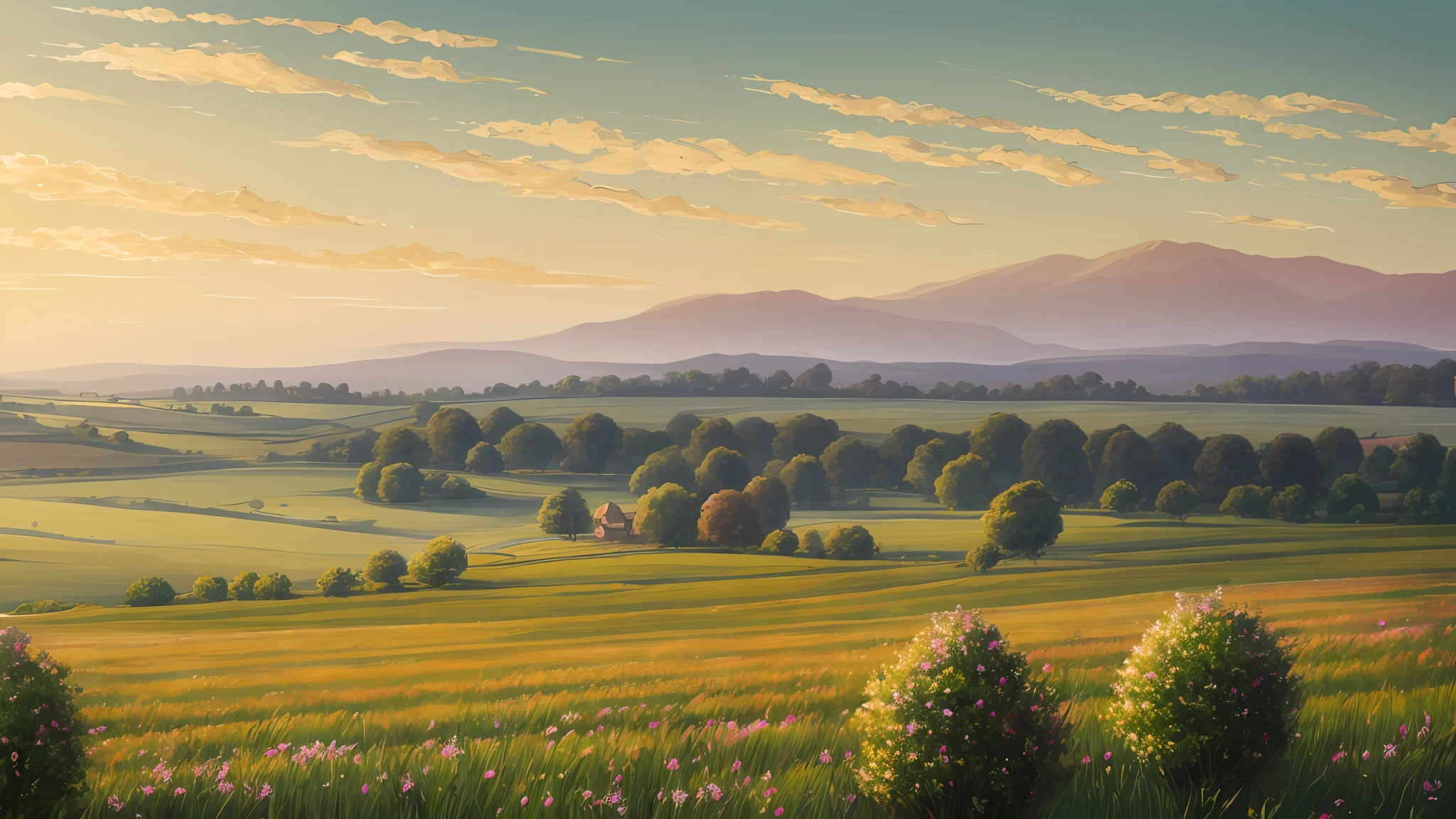 Description: Depict a country landscape during a misty morning, fusing matte painting and impressionism. Create an ethereal scene with rolling meadows covered in a gentle morning mist. Paint delicate and blurred brushstrokes characteristic of impressionism to capture the elusive nature of the mist, while adding layers of depth and detail with matte painting techniques. Use a soft color palette to enhance the serene ambiance of the countryside --auto --s2