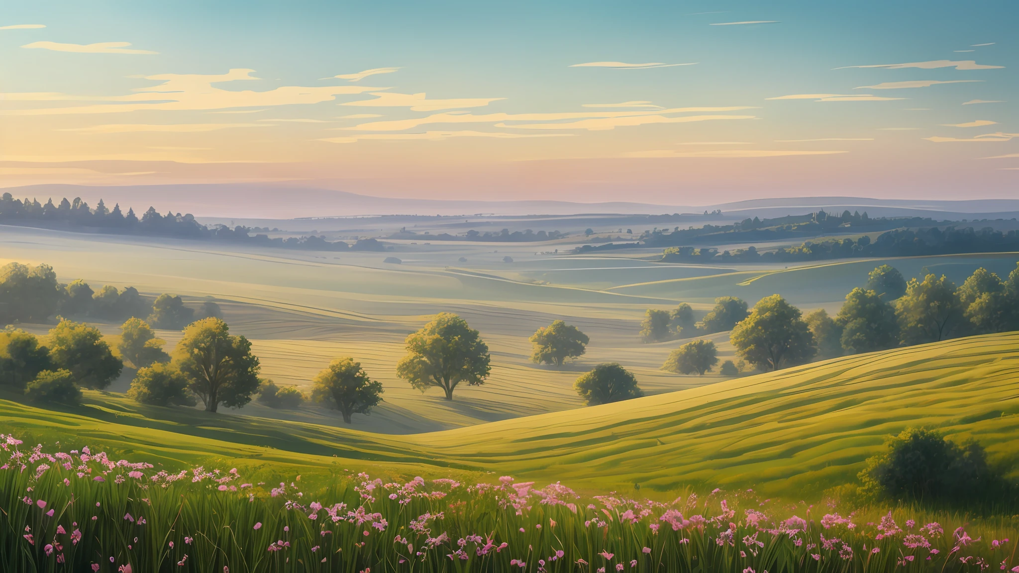 Description: Depict a country landscape during a misty morning, fusing matte painting and impressionism. Create an ethereal scene with rolling meadows covered in a gentle morning mist. Paint delicate and blurred brushstrokes characteristic of impressionism to capture the elusive nature of the mist, while adding layers of depth and detail with matte painting techniques. Use a soft color palette to enhance the serene ambiance of the countryside --auto --s2