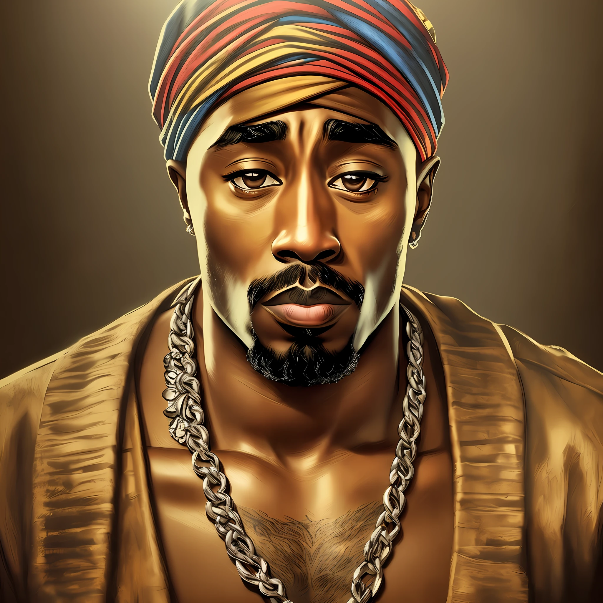 (best quality, masterpiece, ultra-detailed digital art), realistic portrait of 2Pac, wearing bandana, with serious expression, strong contrasting lighting, dramatic depth of field effect, blurred and detailed background. --auto --s2