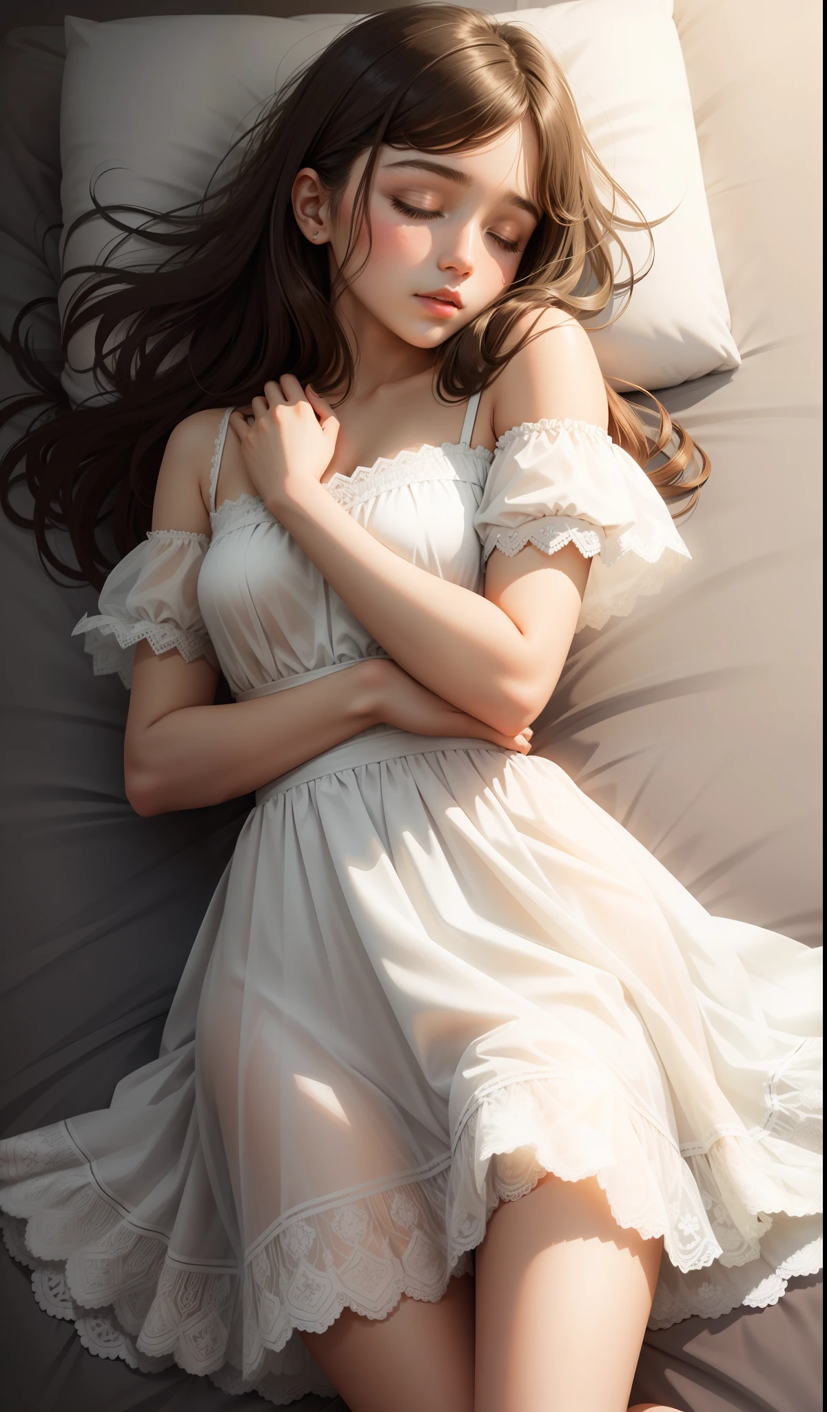 sleeping girl, 19 years old, realistic, she is wearing a small dress, she is wearing a transparent dress, [nfsw,], brown hair, fair skin,