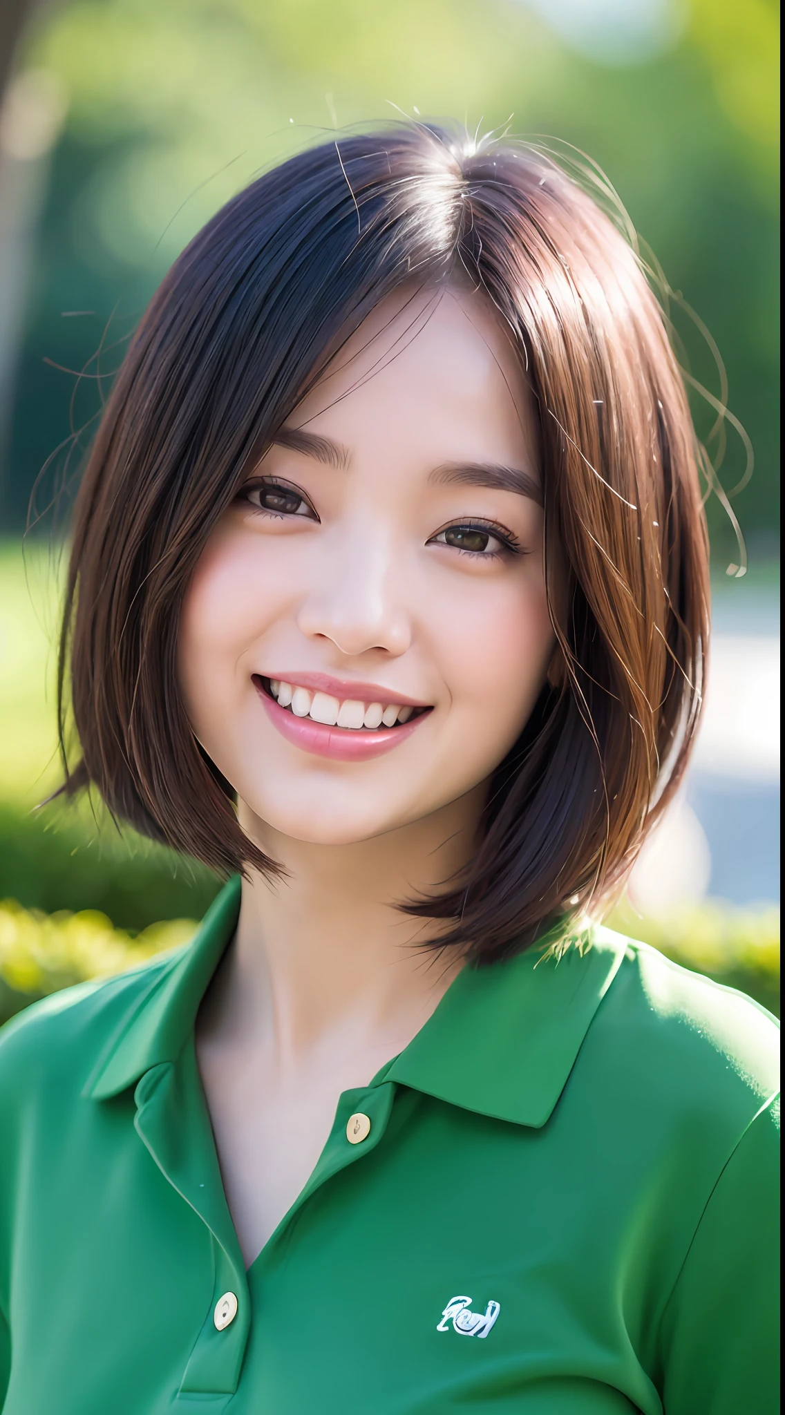 Anna Hashimoto, (8k, RAW photos, highest quality, high resolution: 1.1), (ultra-realistic: 1.4), (realistic, photorealistic: 1.3), soft light, big, girl, realistic face, realistic body, realistic skin, absurdity, masterpiece, (cute: 1.8), cuties, solo, (big: 1.2), detailed black eyes, innocent eyes, cheeks, (polo shirt: 1.2), Cinema Light, Film Grain, (((Short Bob Hair: 1.1)), Cherry Colored Lips, Close-up, Look Viewer, Upper Body, Open Lips, Upper Teeth, (Smiling Eyes: 0.6), ((grinning: 1.2)), Depth of Field, Blurred Background, Eye Focus, Bokeh, Young, 85mm Lens, f/1.4, Professional Lighting, Young, Portrait, Photon Mapping, Radiocity, physically based rendering