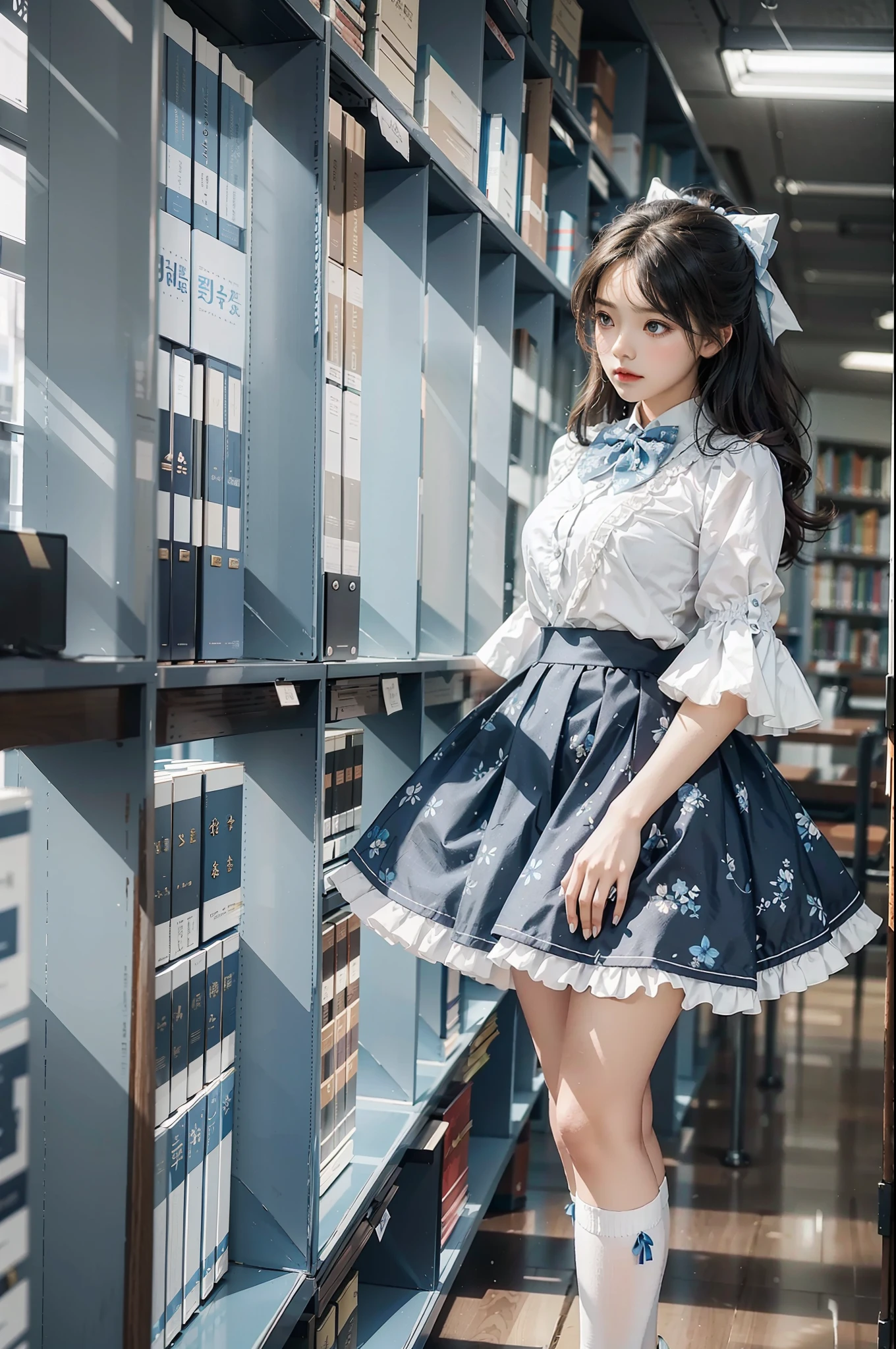 Woman standing alone in library, white blouse with blue floral pattern, blue bow tie, ruffled blue skirt, white ankle length socks, wearing pumps, white light background