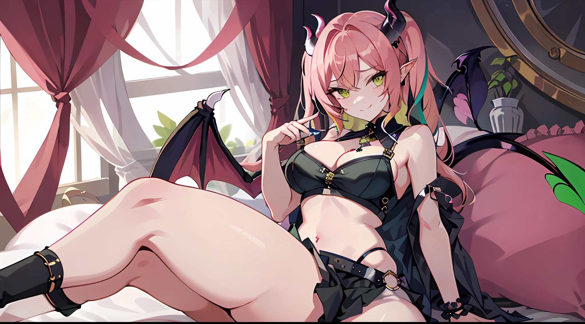 (masterpiece:1.4, best_quality), masterpiece_illustration, simple_background, sharp_focus, beautiful_detailed_eyes, beautiful_detailed_eyelashes, outline, ((bedroom, indoors)), 1girl, solo, demon, demon tail, seductive_smirk, green_eyes, pink_hair, long_hair, very_long_hair, ((twintails)), bangs, hair_ornament, hairclip, sleeveless, breasts, medium_breasts, cleavage, multi_colored_nails, nail_art, nail_polish, navel, thighs, nicoledemarazzz