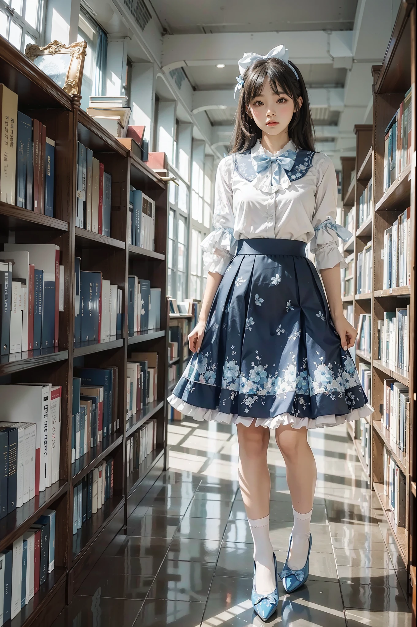 Woman standing alone in library, white blouse with blue floral pattern, blue bow tie, ruffled blue skirt, white ankle length socks, wearing pumps, white light background