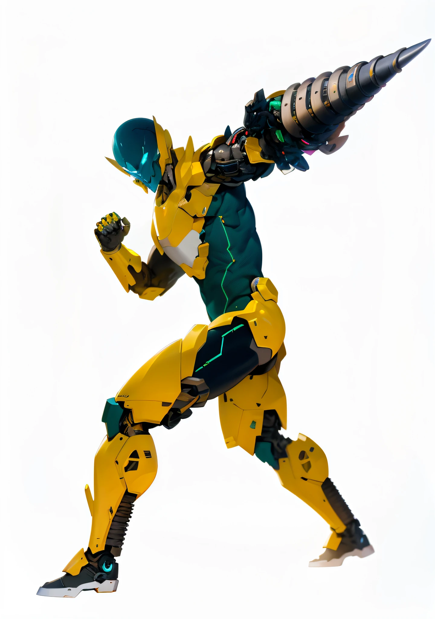 masterpiece, best quality, 1 man, full armor sci fi, body, full body, mechanical arms, arm with drill, s, science fiction, solo, standing, single background