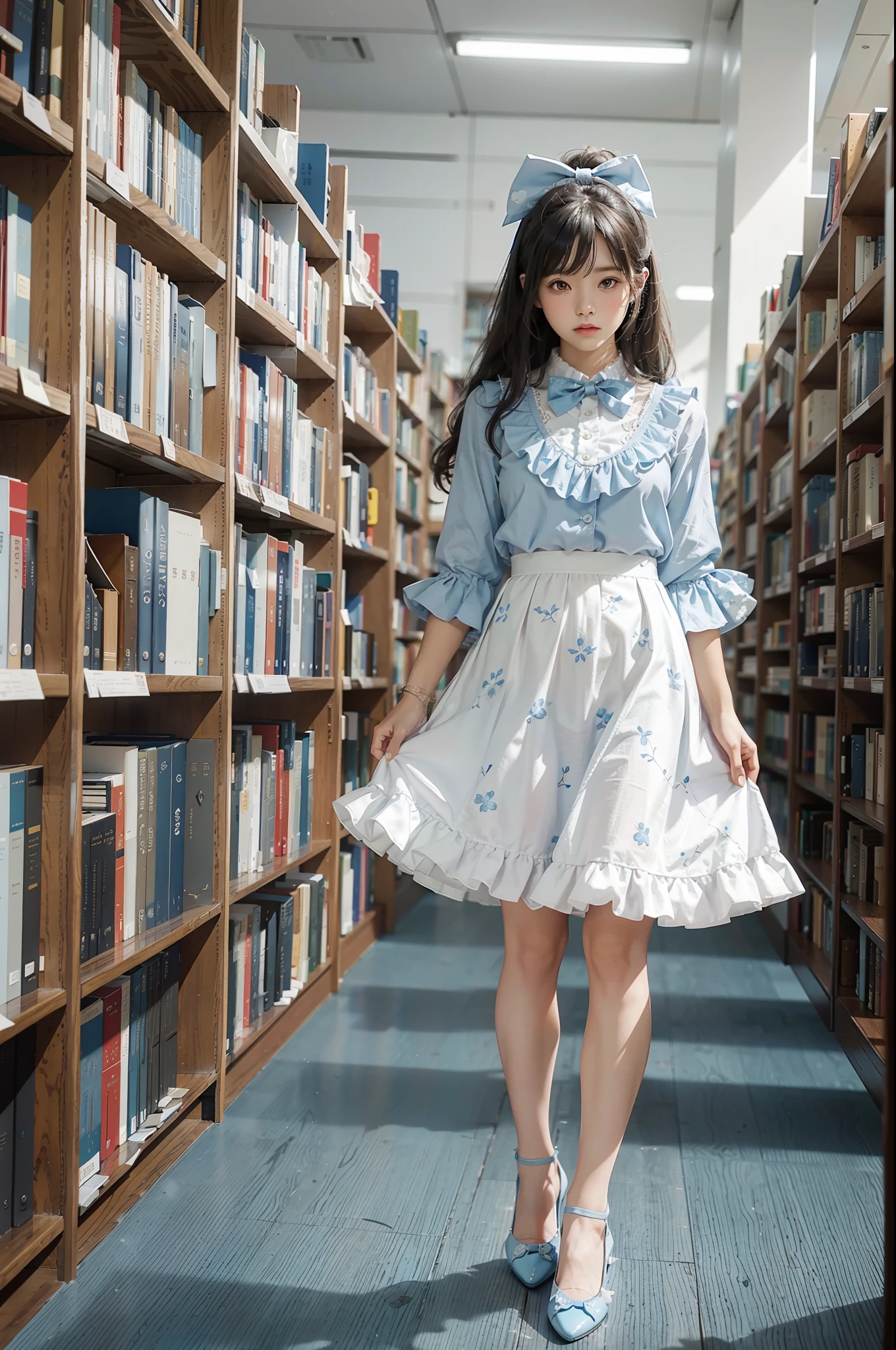 Woman standing alone in library, white blouse with blue floral pattern, blue bow tie, ruffled blue skirt, white ankle length socks, wearing pumps, white light background