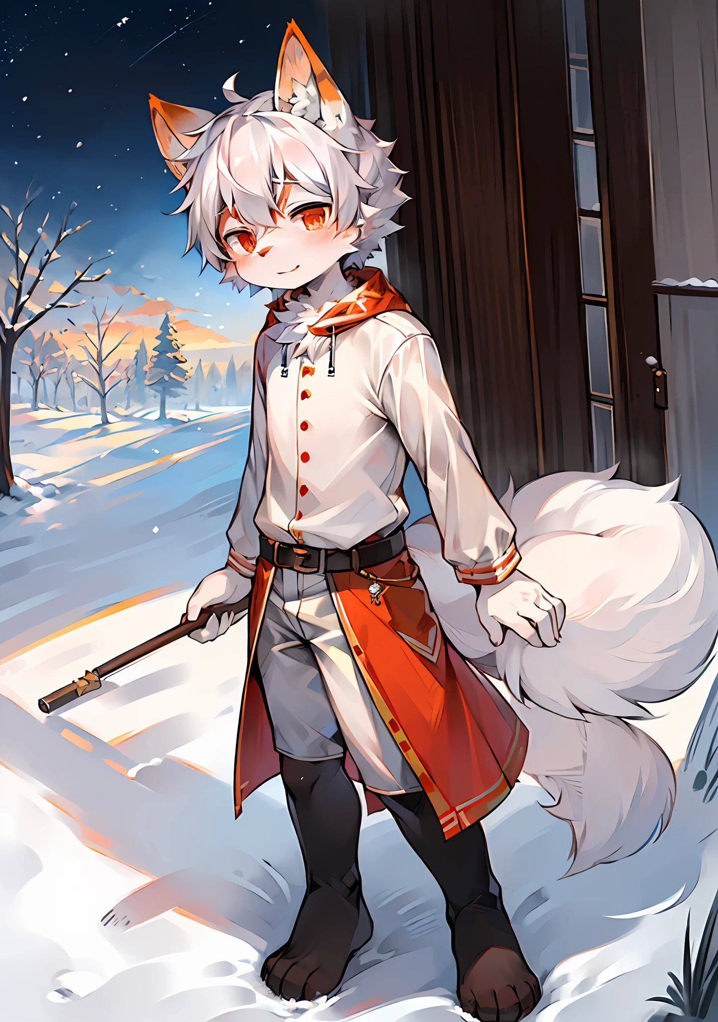 (Bright environment: 0.8), masterpiece, high quality, abstract res, digital painting\(artwork\), by dagasi, yupa, kiyosan, (anthro, fluffy fur, character focus: 1.1), anthro male wolf, short hair, portrait , bright eyes, panorama, character focus. (Background: 0.7), Solo, Furry, Furry Male, Male Focus, Anthr, (Full Body Fur, Fluffy Tail, White Fur, Orange-Red Eyes, Silver Hair: 1.2), (Canids, Juveniles, White Clothes: 1.2), (Wind and Snow, Snow, Snowflakes: 1.1)