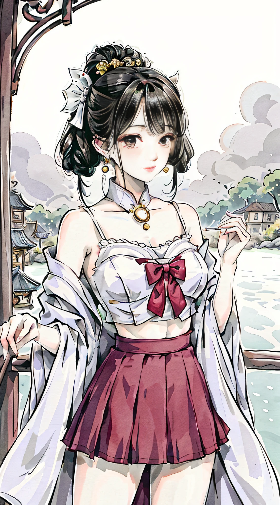 (masterpiece), best quality, good anatomy, shuimobysim, (1 girl: 1), (upper body), (smile), (short hair: 1.2), (hanfu), long coat, (ecchi0.5), (bridge: 1.2), (flowers: 0.6), moon, lantern in ancient China, delicate face, see-through, pink clothes, full body, close-up, back hand, Taoist robe, Thighs, raised high, cloudy, chinadre, overexposed, [wet suit: 1.2], mid-chest, solo, [doll], bare thighs, credibly_absurdres, strong angles, pleated skirt, chinoiserie architecture, single bun, white hair, red eyes, squinted eyes, indifferent attitude, eye shadow, eyeliner, no shoes, ribbon sleeves, earrings, necklace, headdress, mid-chest, sunlight, reflected light, ray tracing, ****, phoenix crown vermilion robe, blush