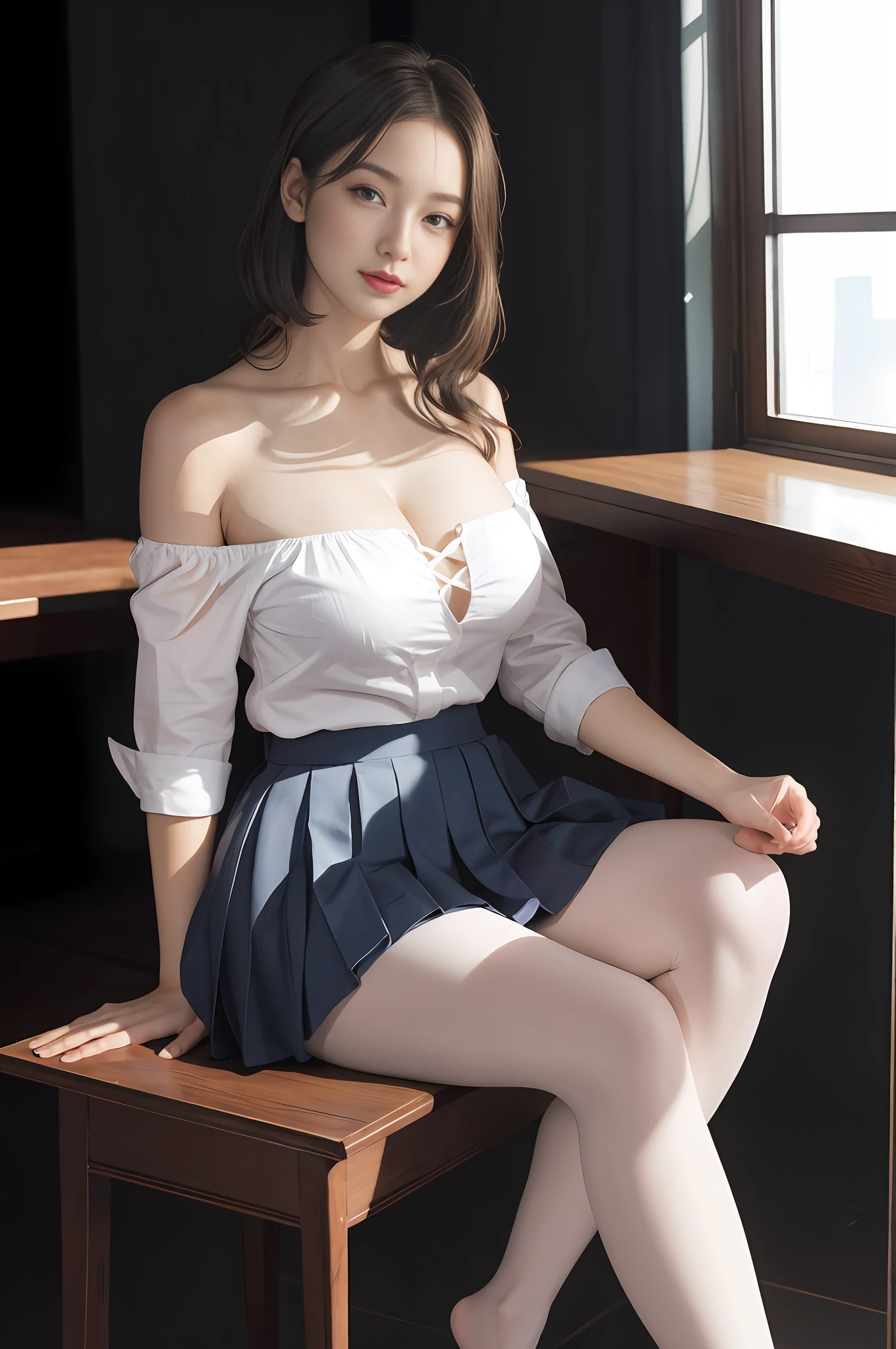 Off-the-shoulder shirt, big breasts, sexy bandeau lingerie, cleavage