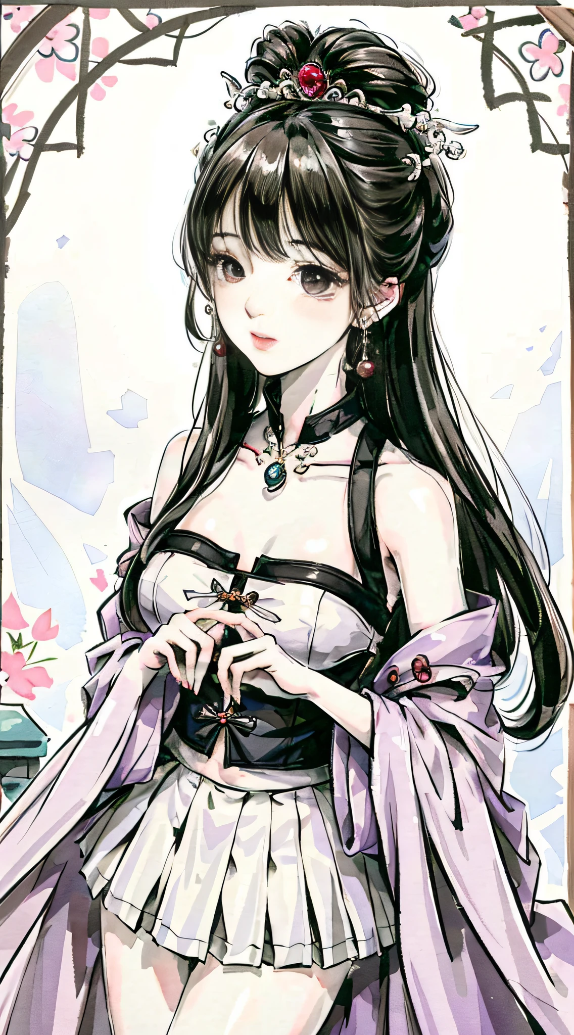 (masterpiece), best quality, good anatomy, shuimobysim, (1 girl: 1), (upper body), (smile), (short hair: 1.2), (hanfu), long coat, (ecchi0.5), (bridge: 1.2), (flowers: 0.6), moon, lantern in ancient China, delicate face, see-through, pink clothes, full body, close-up, back hand, Taoist robe, Thighs, raised high, cloudy, chinadre, overexposed, [wet suit: 1.2], mid-chest, solo, [doll], bare thighs, credibly_absurdres, strong angles, pleated skirt, chinoiserie architecture, single bun, white hair, red eyes, squinted eyes, indifferent attitude, eye shadow, eyeliner, no shoes, ribbon sleeves, earrings, necklace, headdress, mid-chest, sunlight, reflected light, ray tracing, ****, phoenix crown vermilion robe, blush