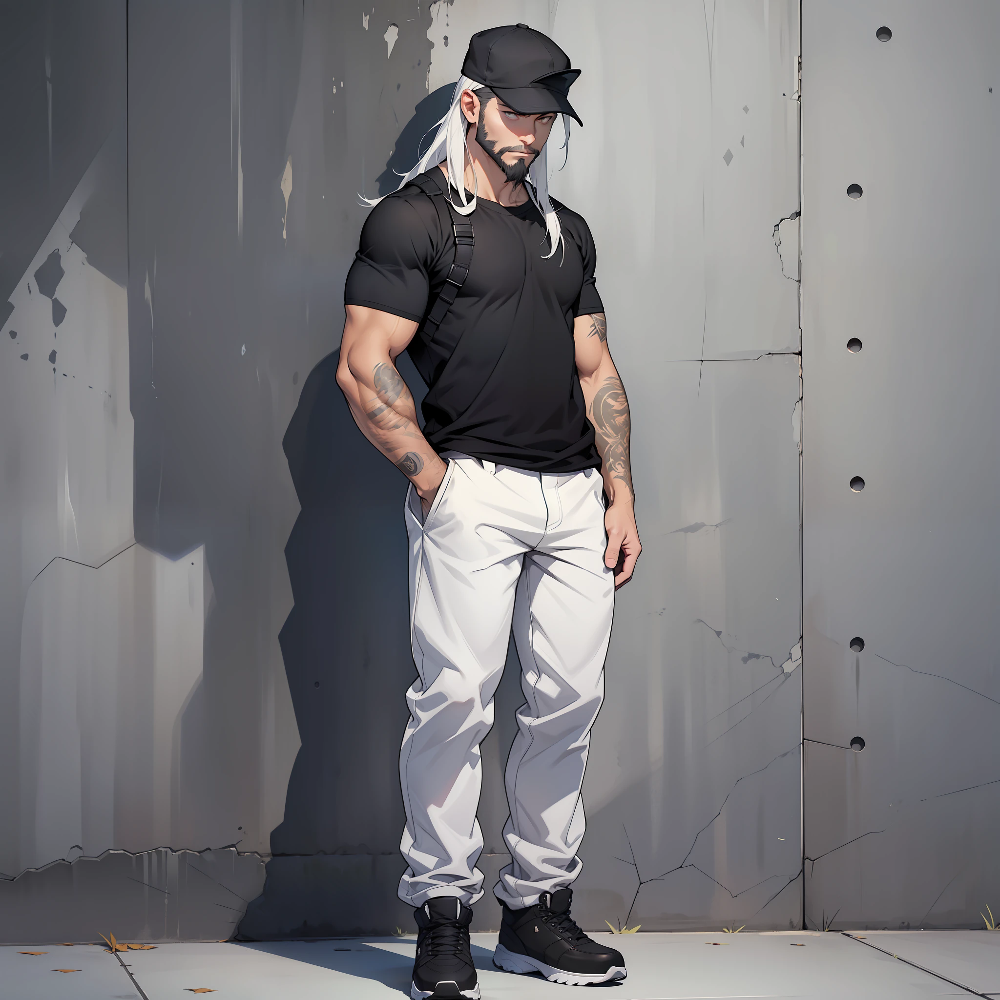 man, short beard, medium long hair, standing tall, full body, black loose straight chino pants, non sport pants, small athletic, white male, sports cap, combat boots, Spanish,