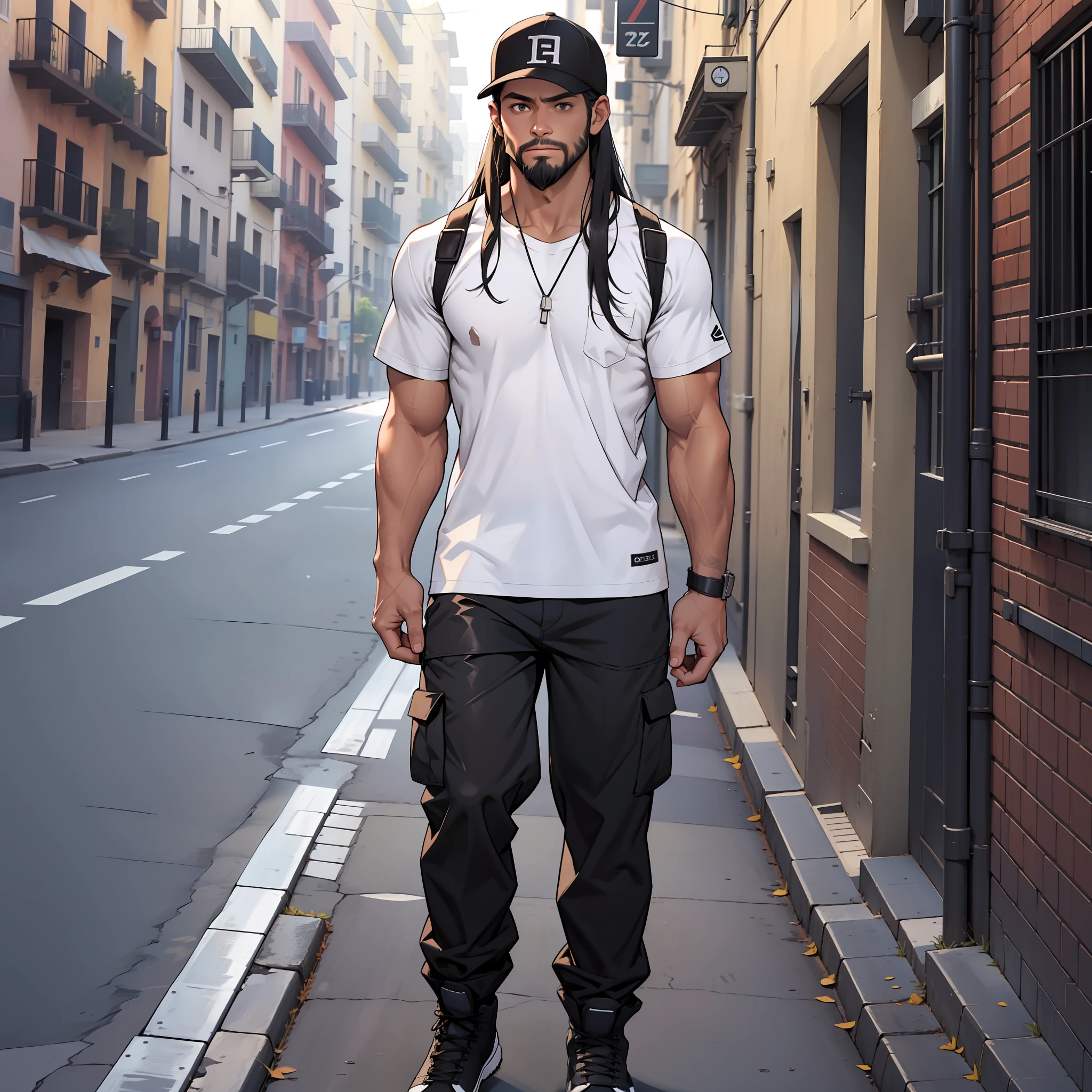 man, short beard, medium long hair, standing tall, full body, black loose straight chino pants, non sport pants, small athletic, white male, sports cap, combat boots, Spanish, tan skin