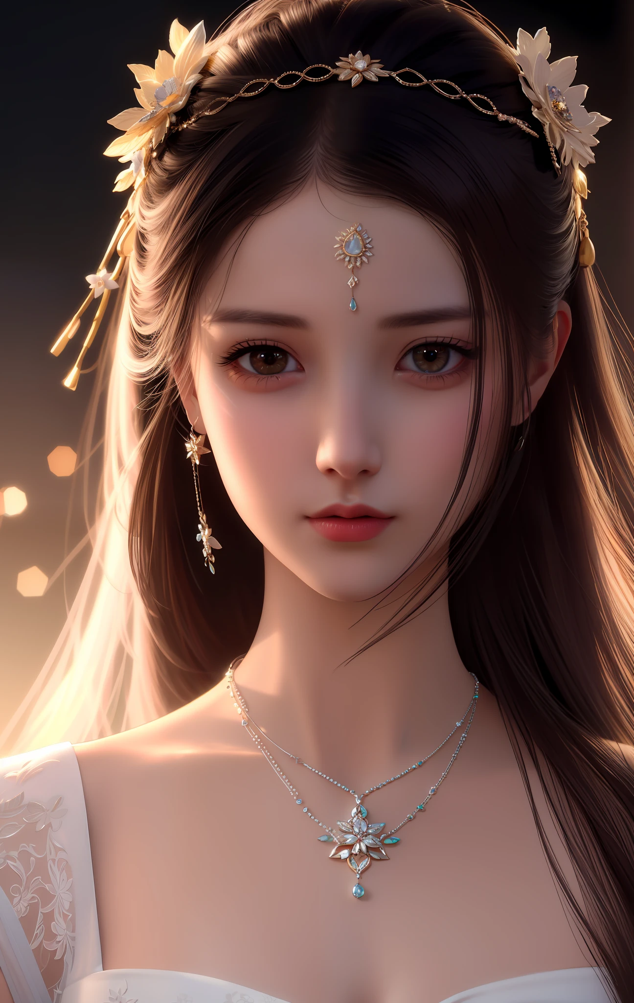 Best Quality, Masterpiece, High Resolution, 1 Girl, Porcelain Dress, Hair Accessories, Necklace, Jewelry, Beautiful Face, Physical, Tyndall Effect, Realistic, Dark Studio, Rim Lighting, Duotone Lighting, (High Detail skin: 1.2), 8k uhd, DSLR, soft light, high quality, volumetric light, sneak shot, photo, high resolution, 4k, 8k, bokeh
