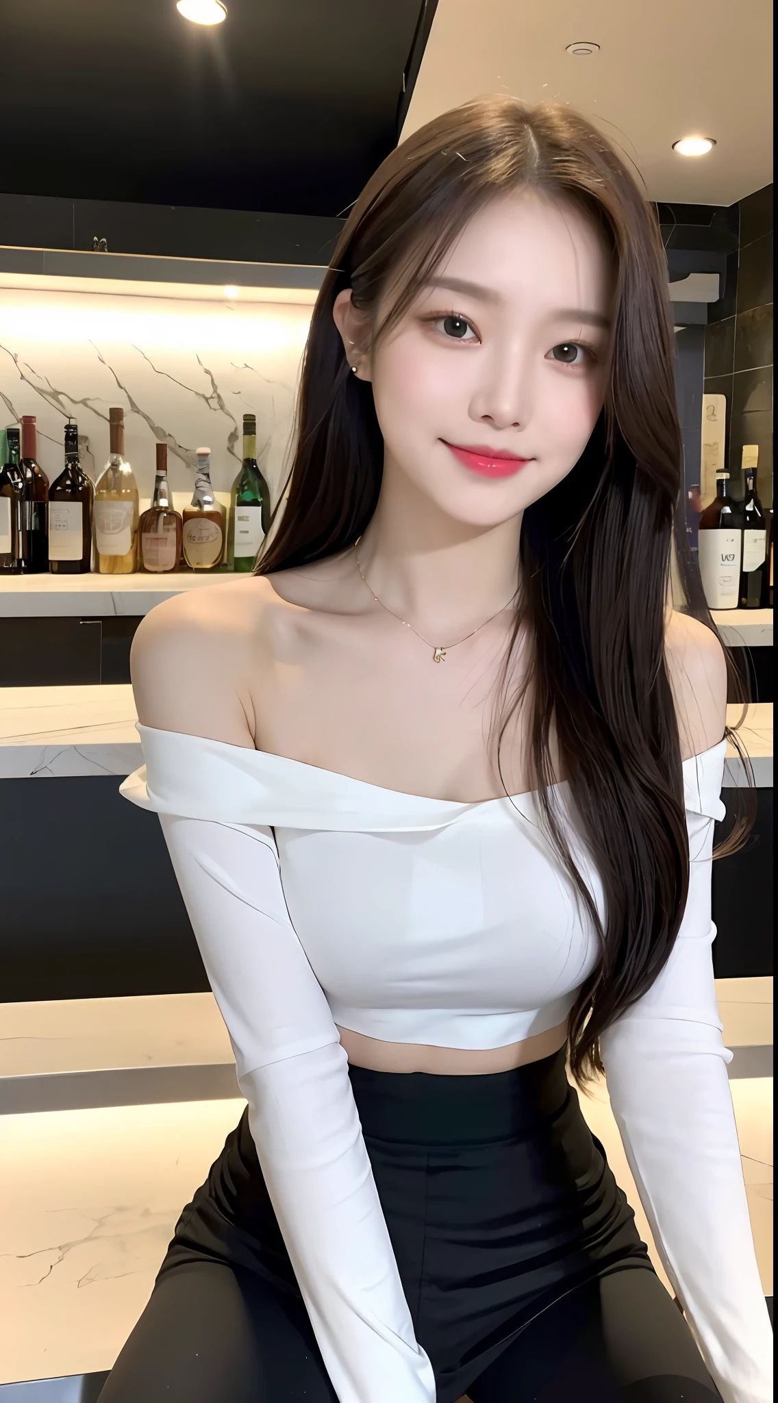 A superb exquisite real beautiful girl, golden long curly hair, extremely exquisite facial features, peerless beautiful girl, collarbone off-the-shoulder, white crop top shirt, black JK skirt, exposed legs, sweet smile, soft, dreamy quality, light white and dark brown, exaggerated facial features, solid color, frank off-white, surreal, blue gemstone necklace, ultra-clear, beautiful young girl, cute and lively, super short leggings, background at the bar counter