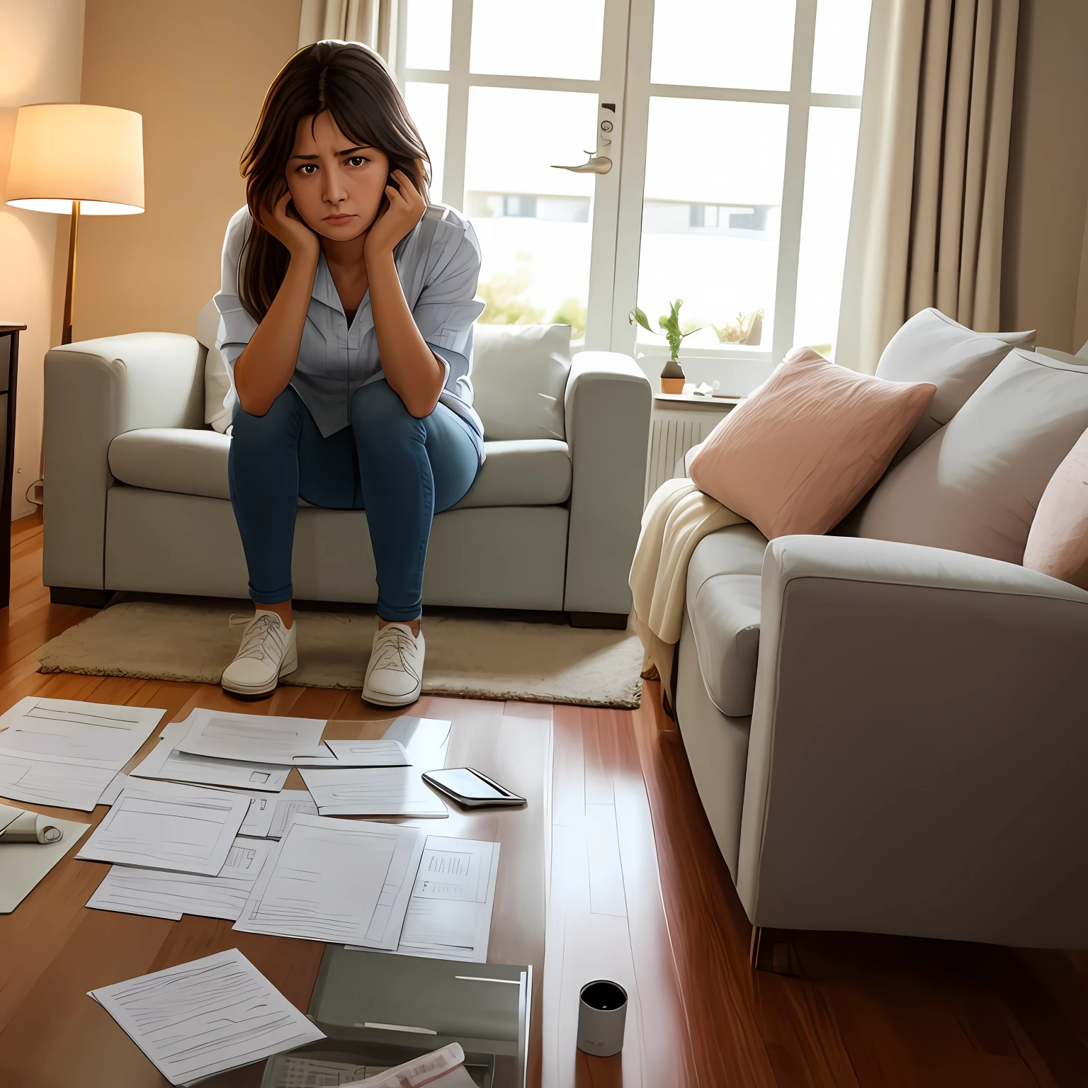Mind with secret file, woman worried at home