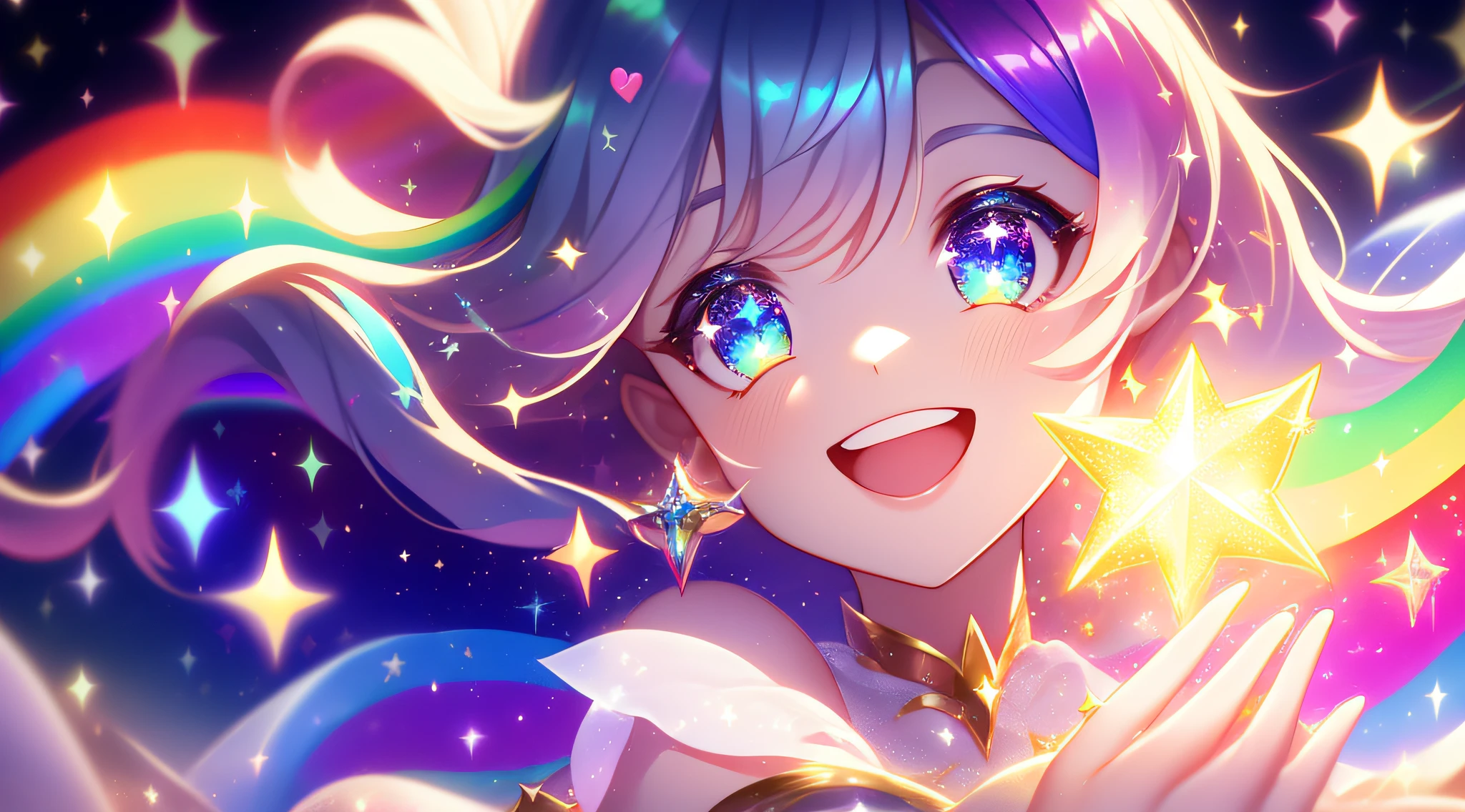 star-sparkling eyes, sparkling, heart-pounding, fairy, beautiful smile, magic, mysterious worldview, spirituality, rainbow, tenderness, sparkling light, sparkle, fantasy