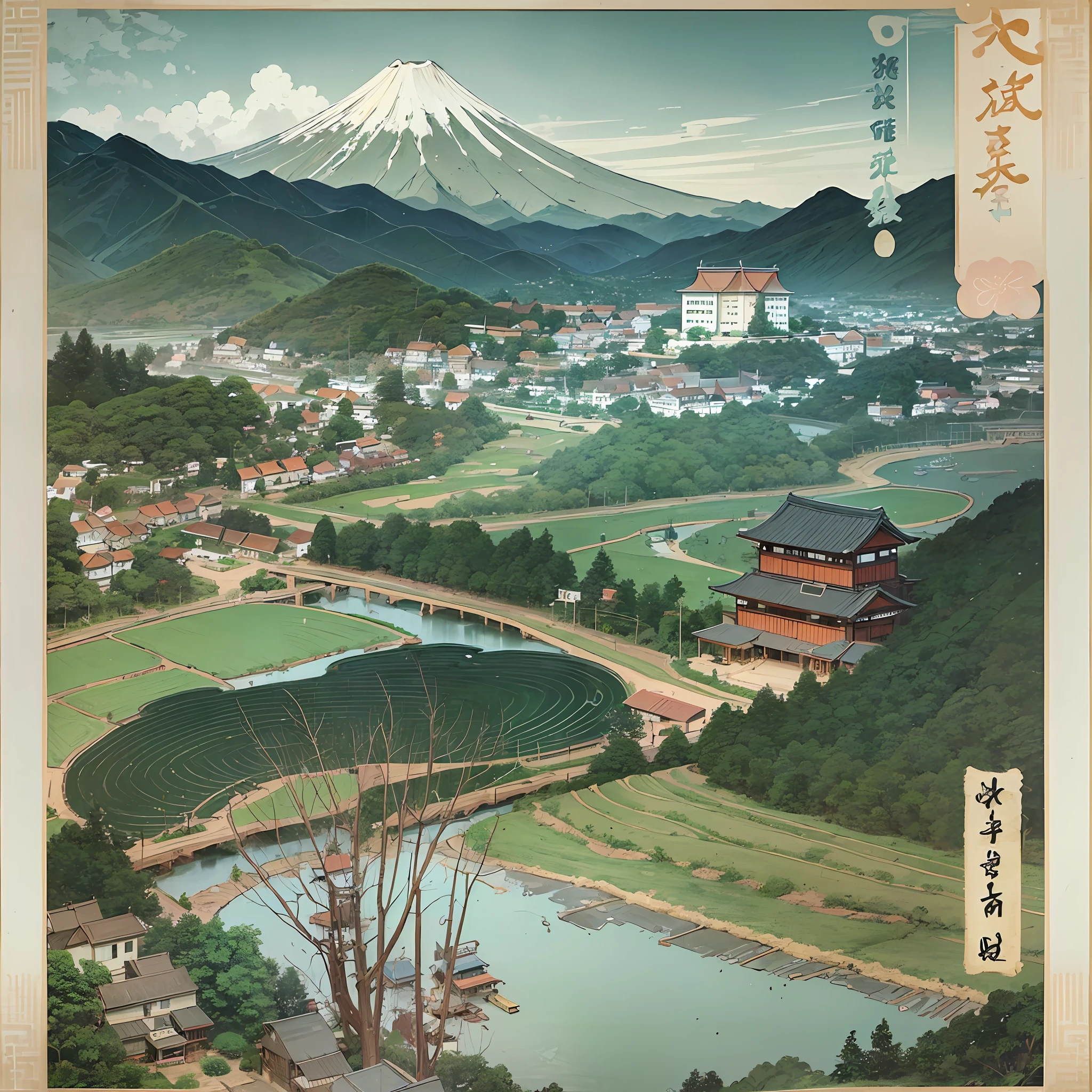 An illustration with an ukiyo-e style old folk house, a water mill, Mt. Fuji, a river, and a tea plantation --auto --s2