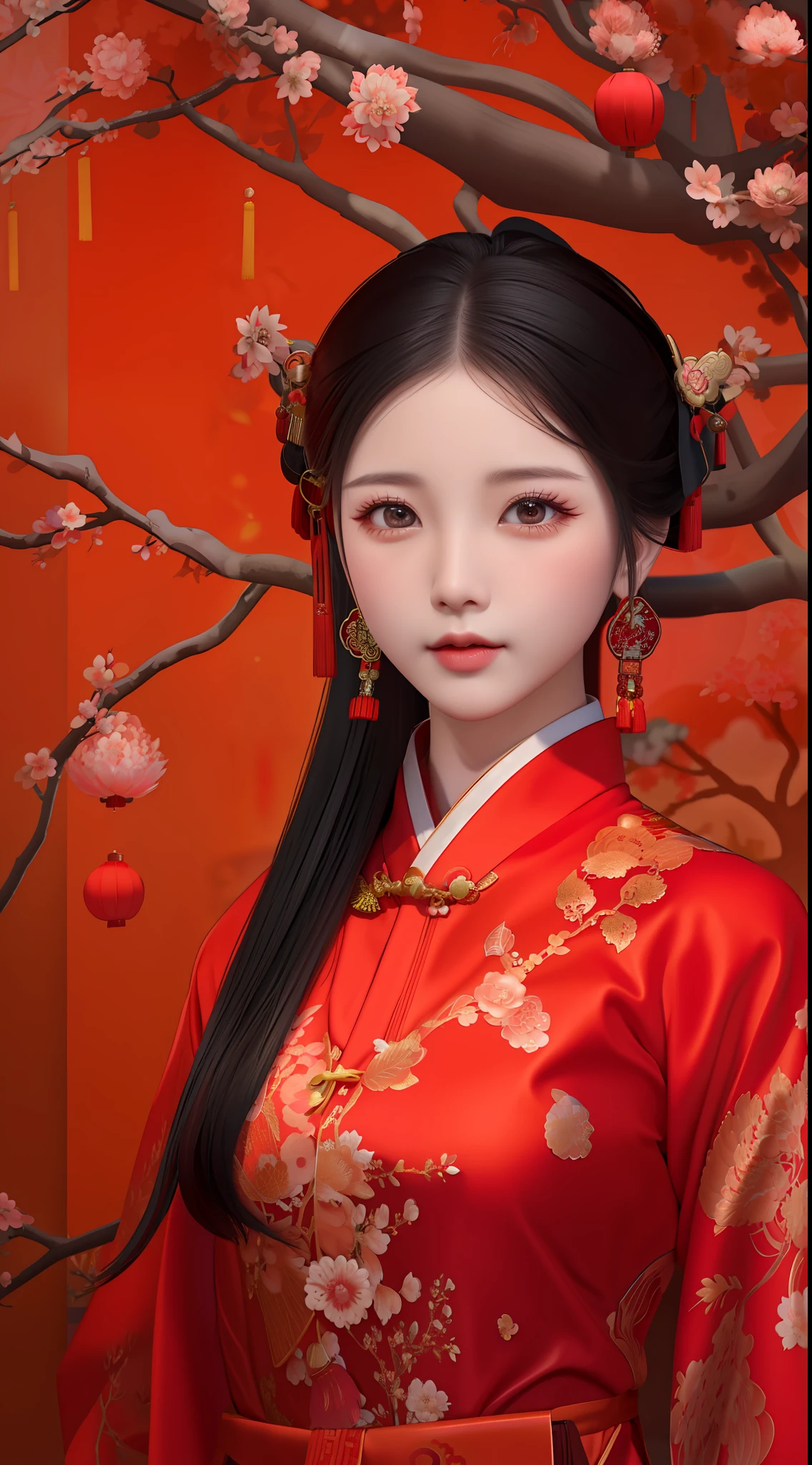 a close up of a woman in a red dress standing in front of a tree, chinese style, traditional chinese, wearing ancient chinese clothes, traditional chinese clothing, chinese woman, hanfu, with acient chinese clothes, chinese girl, chinese princess, chinese dress, palace , a girl in hanfu, chinese costume, wearing a red cheongsam, traditional beauty