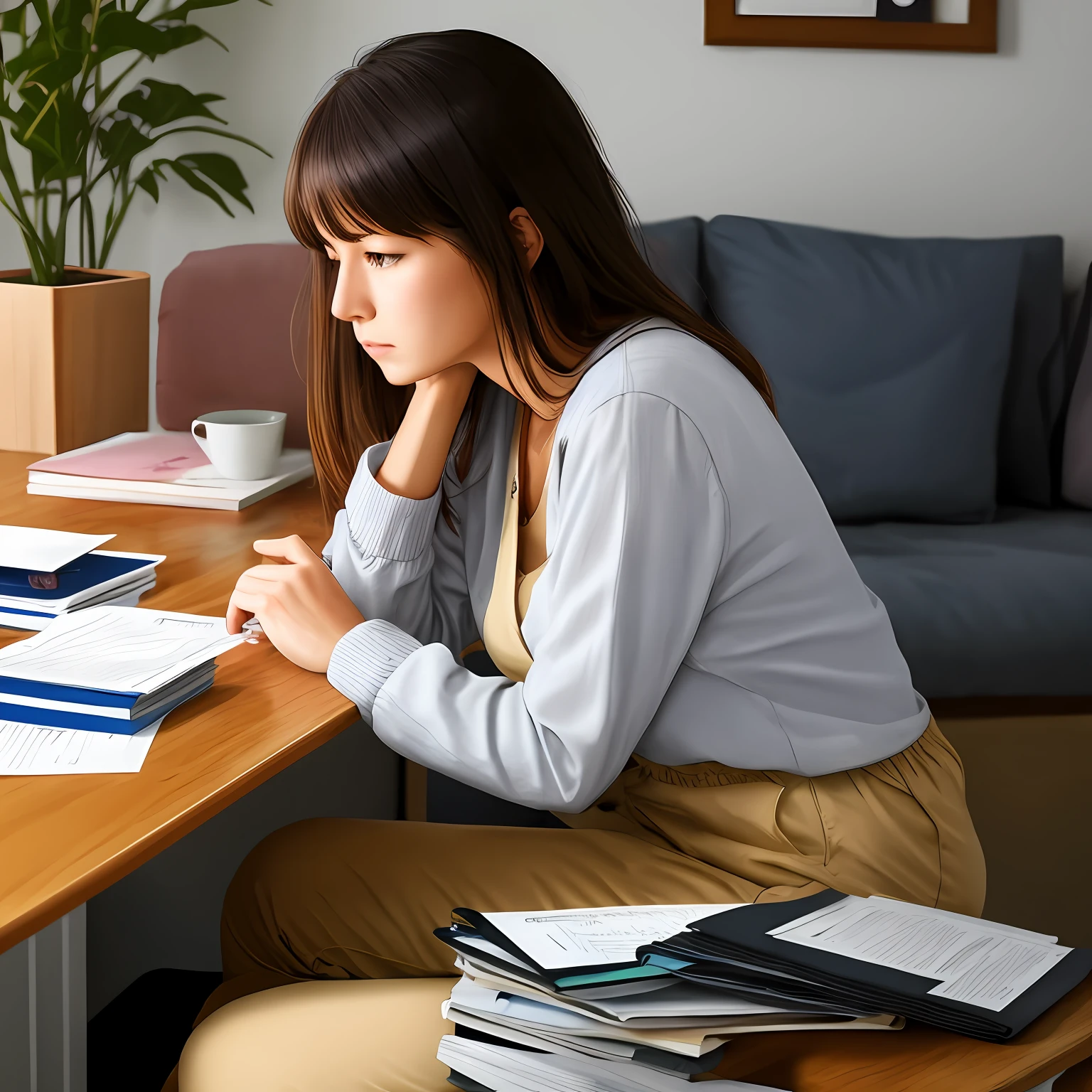 Mind with secret file, woman worried at home