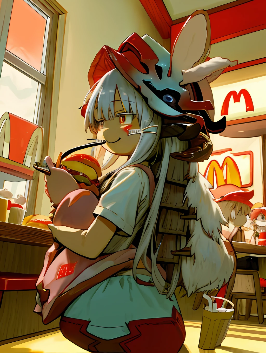 , nanachi \(made in abyss\), nanachipants, nanachihat sfw, food, fast food, junk food, American size food, hamburger, mcdonald's, restaurant, nanachi enjoying a happy meal in restaurant mcdonald's