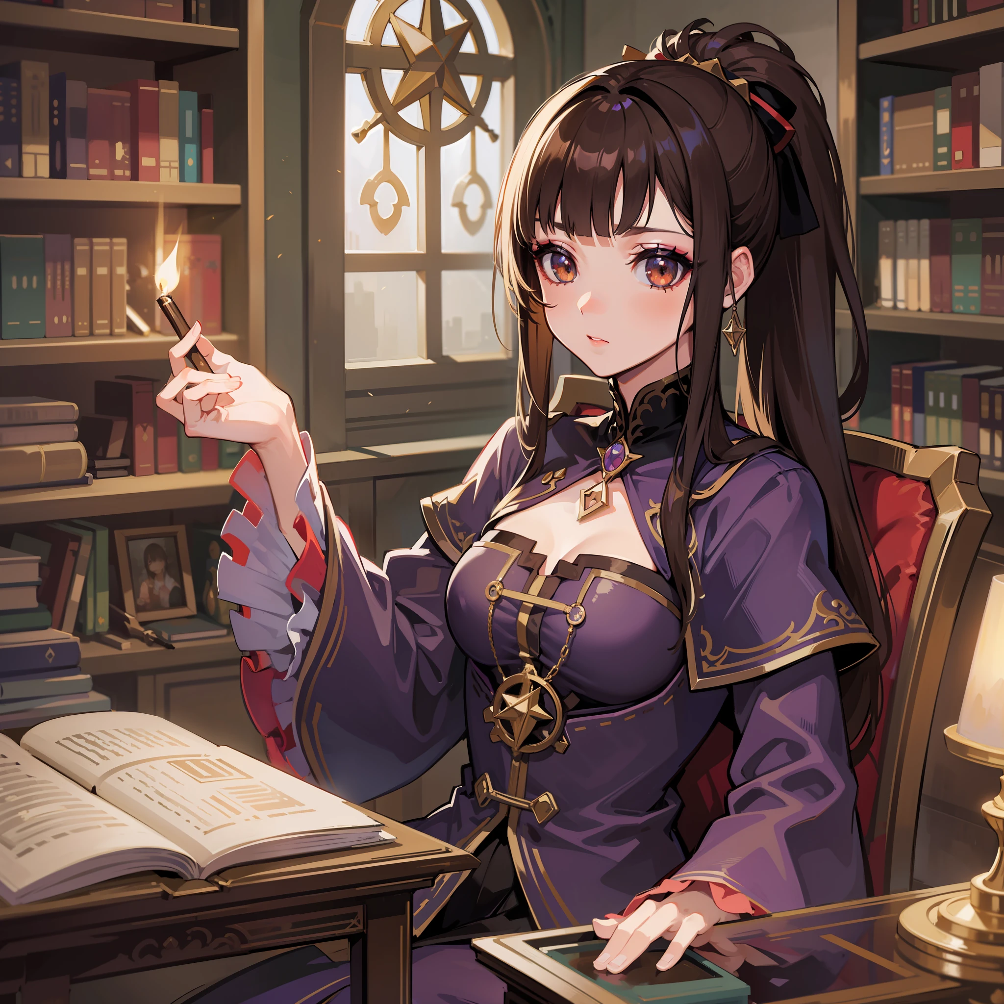 Anime-style-art, masterpiece, extreme-detail, cinematic-lighting, high-resolution-illustration, beautiful-face-and-eyes, Deep-shadow-and-overexposed, [brown hair|black hair], single-ponytail, brown eyes, sitting on chair, medium-bust, light-colored-dressBookshelf, Library, Vines, Rose, Looking at the Viewer, Witch-Room, Candle, Pentagram, Clock, Vintage-Globe, 1Girl,  blunt-bangs-across-forehead (blunt bangs cover forehead), tasteful-make-up (decent makeup).