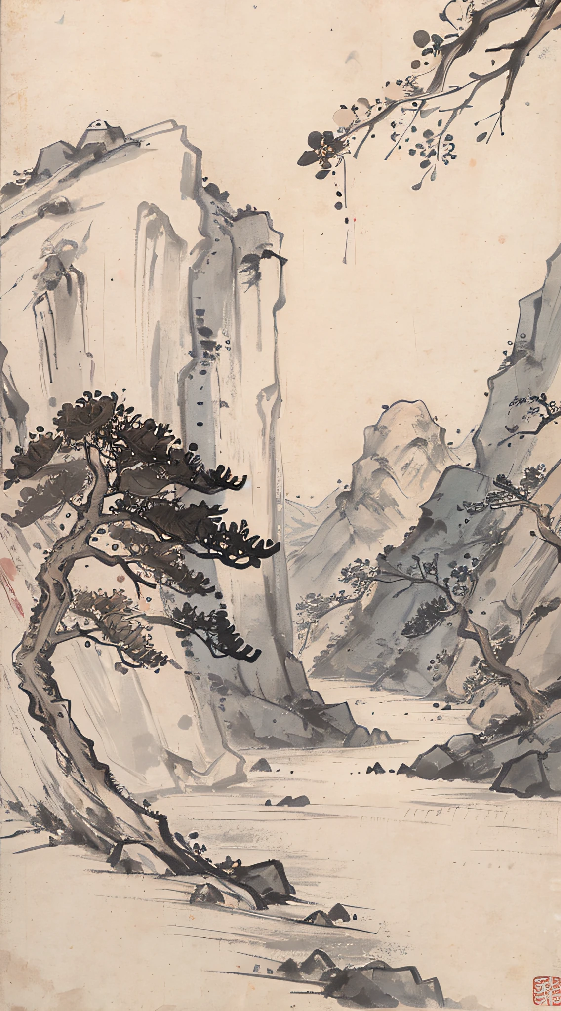 (Masterpiece, best quality: 1.2), traditional Chinese ink painting, high mountains, small hillsides, rocks, trees, no humans