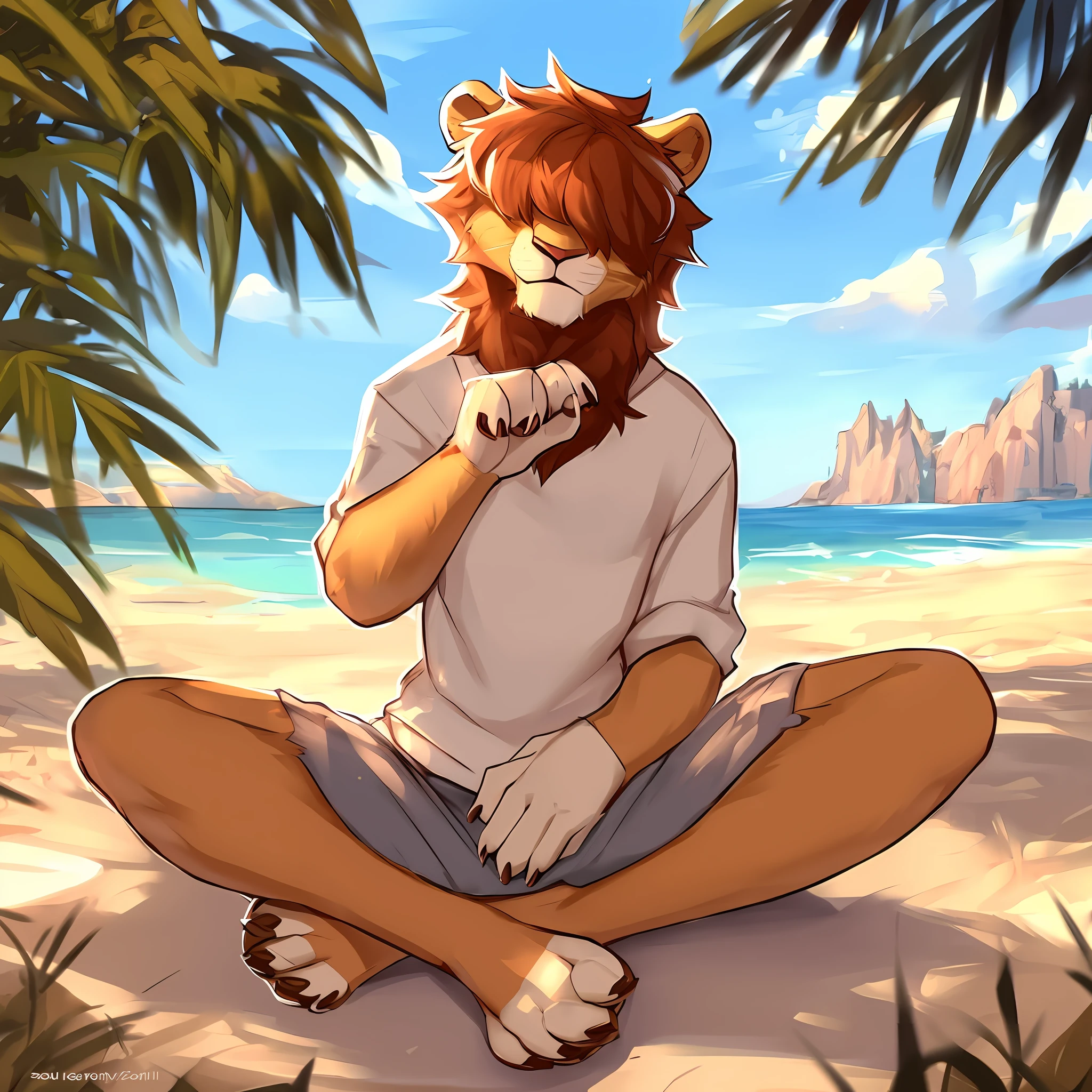 thin male solo cartoon lion by zackary911 hair over eyes wearing clothes sunlit people in background Paws instead of hands and feet paws visible scenic smiling four fingers claws famous location photogenic creative pose