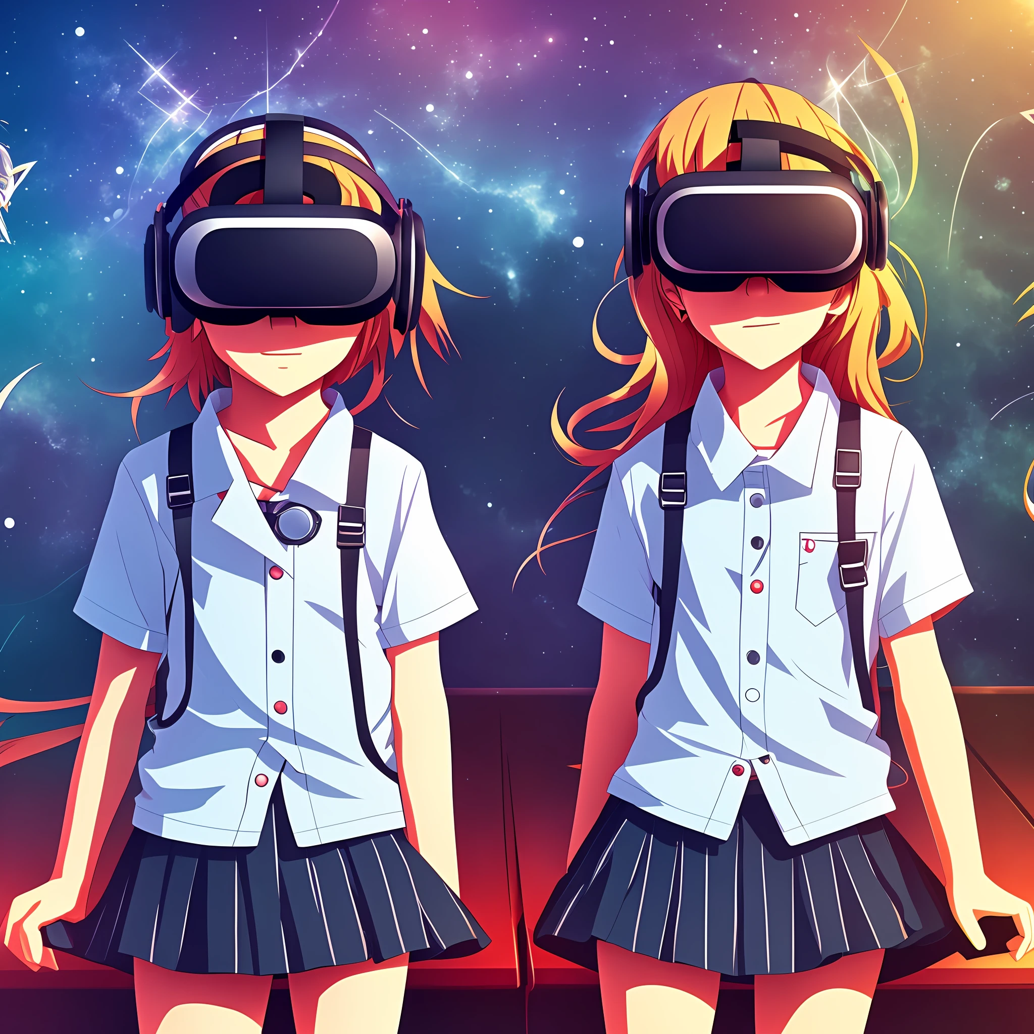 vr goggles, boy, girl, two people wearing, side by side, anime, background, school, classroom, virtual