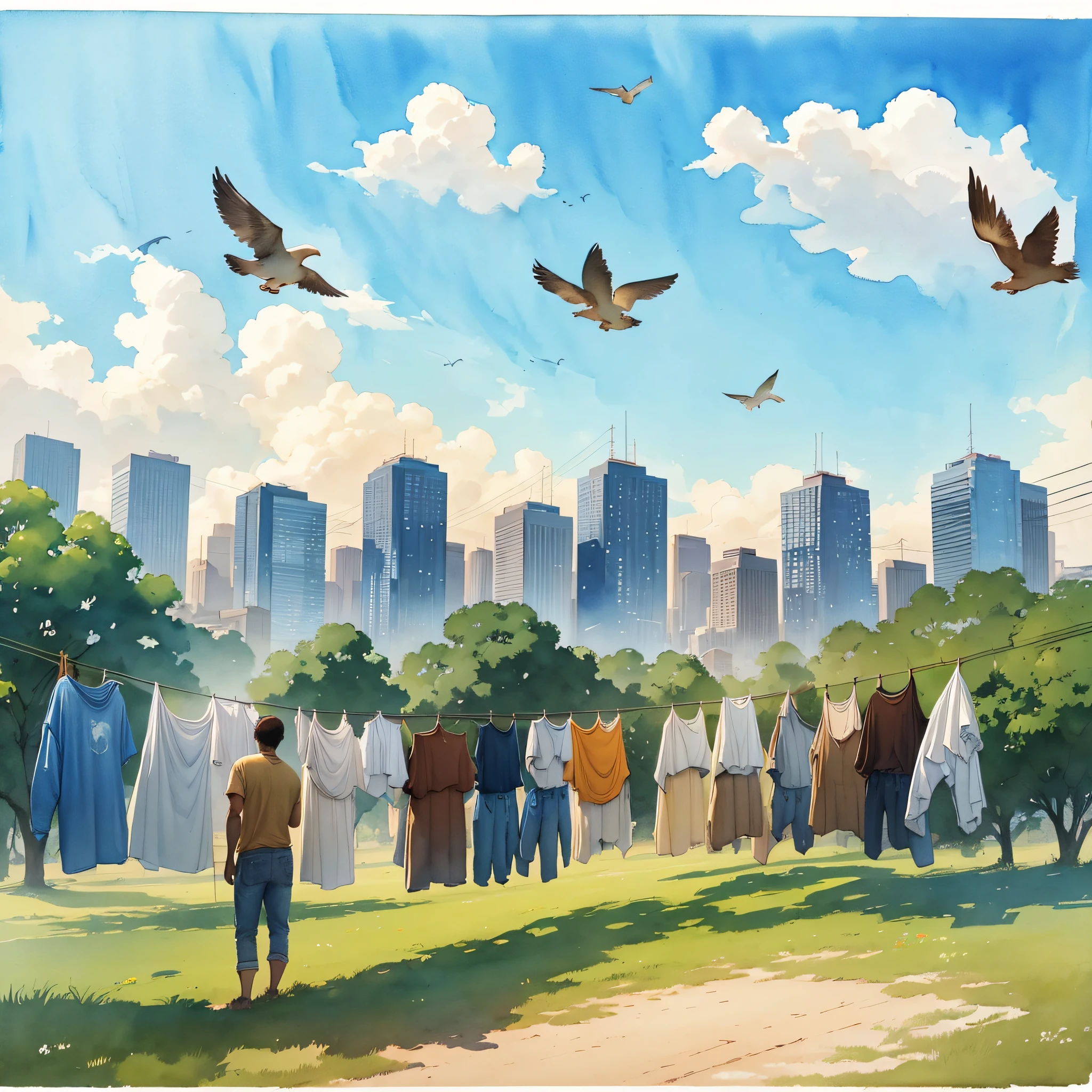 Clothesline with men's T-shirts hanging, a man with brown skin looking at him, a blue watercolor sky, in the background a green field and after it a huge city, birds flying, highlight for beautiful landscape, the painting is in watercolor, traces of watercolor visible --auto --s2