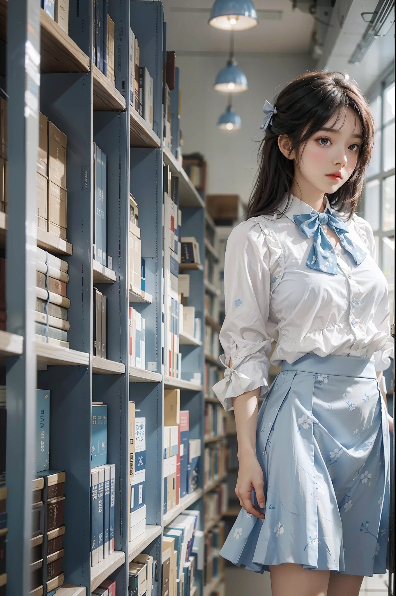 Woman standing alone in library, white blouse with blue floral pattern, blue bow tie, ruffled blue skirt, white ankle length socks, wearing pumps, white light background
