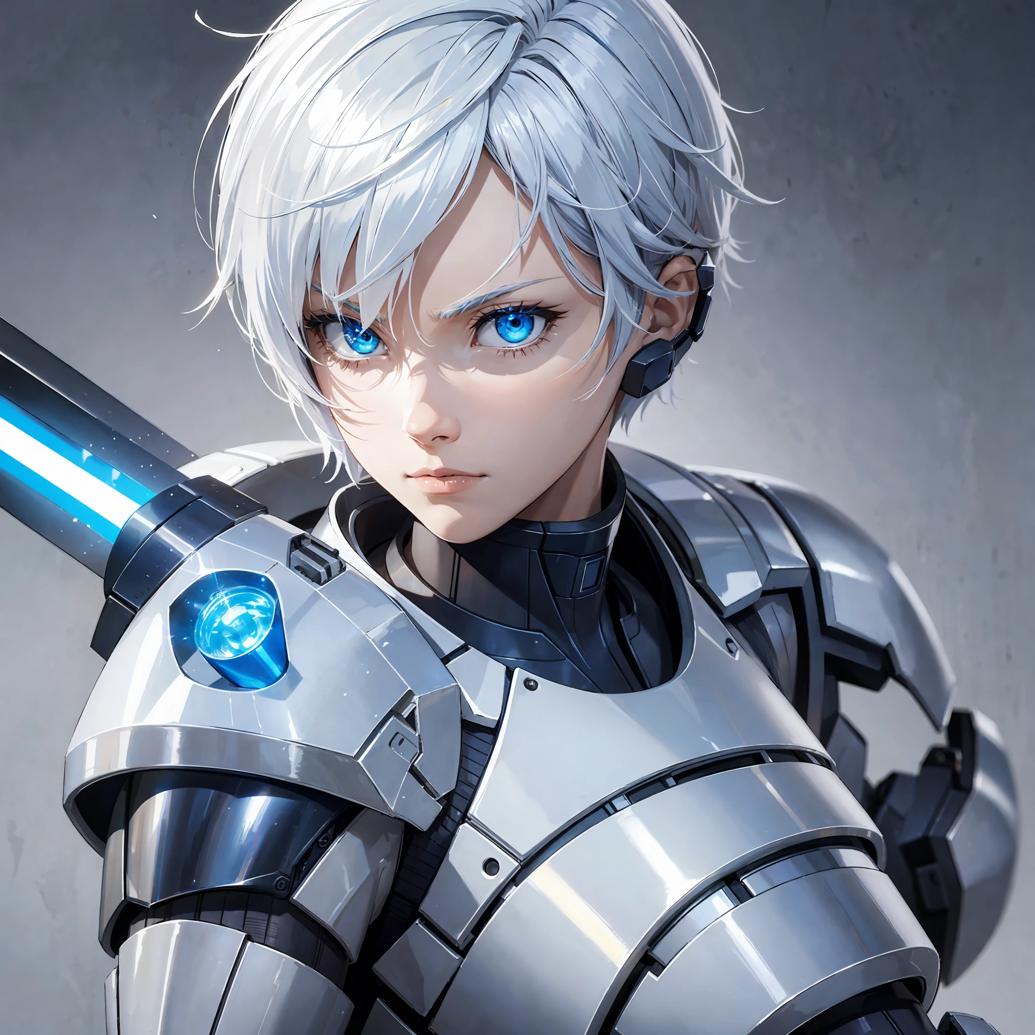 Blue lightsaber in hand, short hair, serious face, combat attire, white hair, yellow eyes, white armor, android, human appearance, adult woman, metal half mask --auto --s2