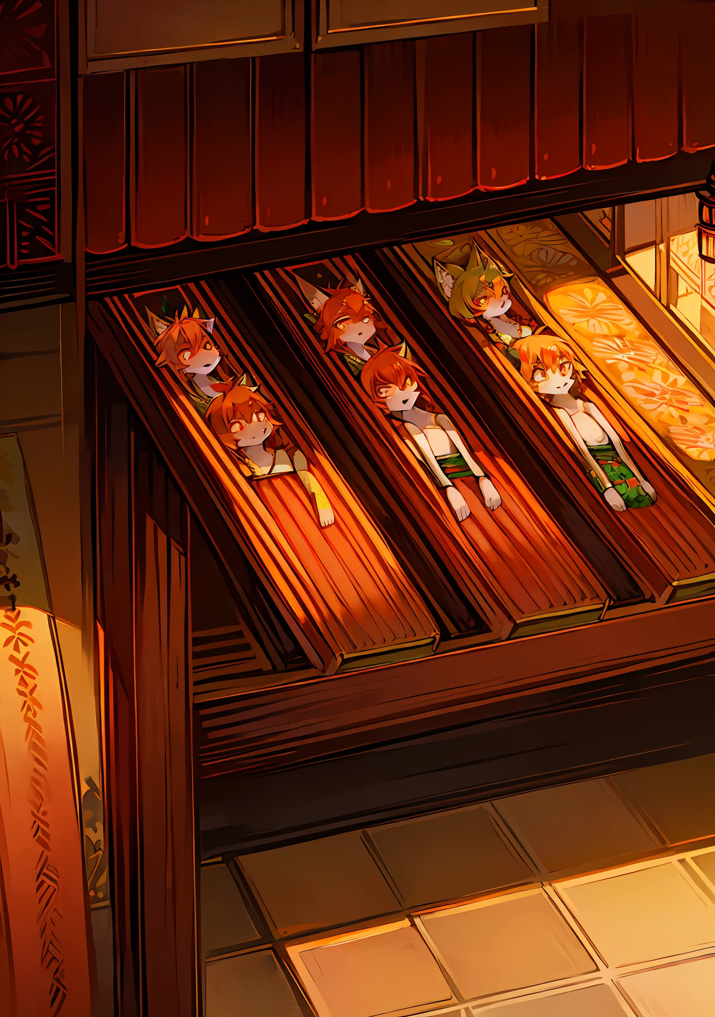 (Exquisite illustration: 1 beast too) + (orange hair, orange eyes, red fox, green tail end, similar orange pattern on forehead, yellow stripe) + (yukata, Japanese style, open, oriental elements)
