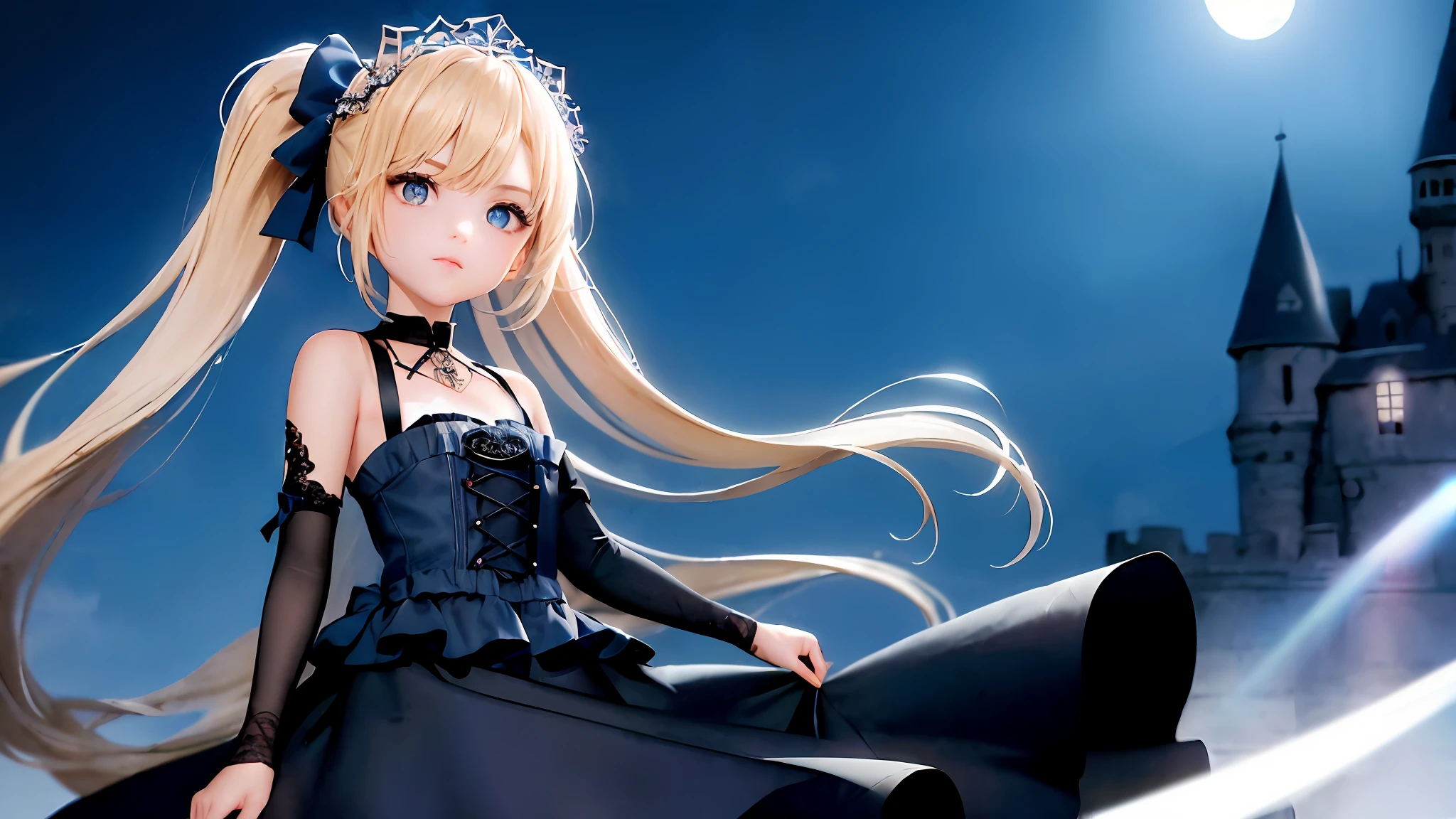 "(1 girl, masterpiece: 1.1, best image quality: 1.1), (bright picture: 1.2), gothic costume, denim lens, break [blue: pink: 0.5] theme, delicate skin, fine hair, cute face, beautiful eyes, upper body finishing hair, double ponytail, blonde hair, blue eyes, wearing a delicate headdress, standing sideways in the outdoor castle scene, in the moonlight of the night, creating a mysterious atmosphere, bright light, clear background."