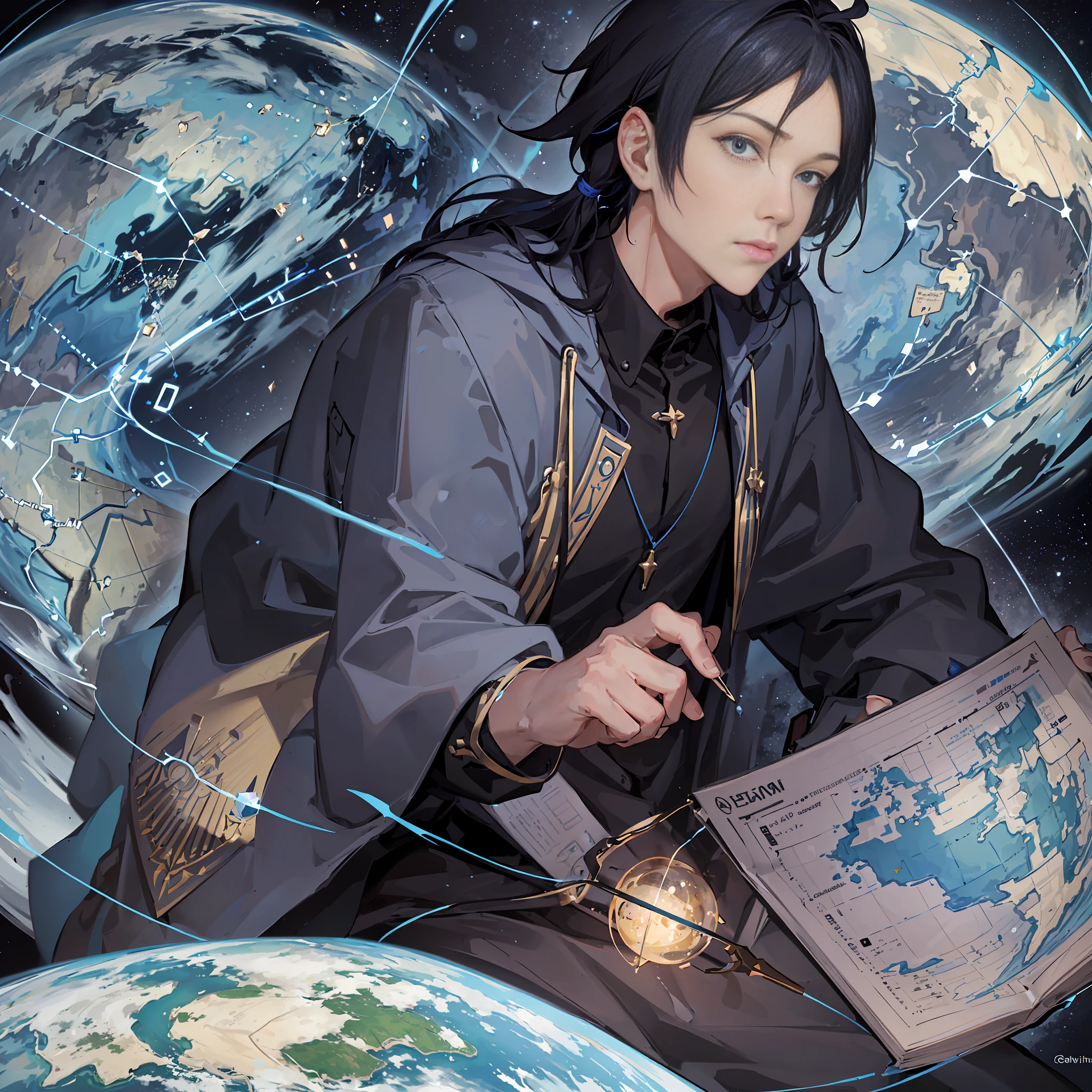 In a world where modern technology and magic are combined, there is a geospatial mage named Calvin. Calvin is a mage who is both skilled in geography and powerful in magic, and he combines these two powers to study and manipulate geographic information. Calvin wore a dark blue robe and his long hair was tied into a neat braid. His eyes sparkled with intelligence, revealing his passion for in-depth research in geographical knowledge. He holds a slender staff with a brilliant sapphire at the tip, symbolizing his connection and control over geographic information. As a geospatial mage, Calvin is able to acquire, analyze, and manipulate geographic information through magic and technology. He can use magic to sense and collect various data on the earth, including terrain, climate, population distribution, etc. He possesses delicate observation and insight to reveal the mysteries and changes of the Earth through the study of maps and data. Calvin's magical abilities also allow him to manipulate geographic information and quickly generate and modify maps. He can use magic energy to update and change the information on the map in real time, marking the characteristics of the area and the distribution of resources. He can fuse multiple maps into a single single to create a comprehensive geographic information system. Calvin's ability is not limited to the research and manipulation of geographic information, he can also use geographic information to predict natural disasters, provide early warning and escape plans for people. He can use the power of geographic information and magic to help rescue teams locate trapped people and shorten rescue time. In addition to science and technology, Calvin knows how to respect and protect nature. Through the study of geographic information, he contributes to ecological conservation and sustainable development projects. He works closely with other scholars and research institutions to provide people with more accurate geographic informatio